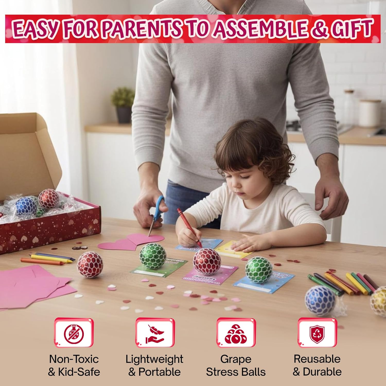 4E's Novelty 28 Pack Valentine Squeeze Balls with Valentines Day Cards & Bags - Squishy Ball Fidget Toys for Valentines Classsroom Exchange Gifts Bulk for Kids Boys Girls, Party Favors
