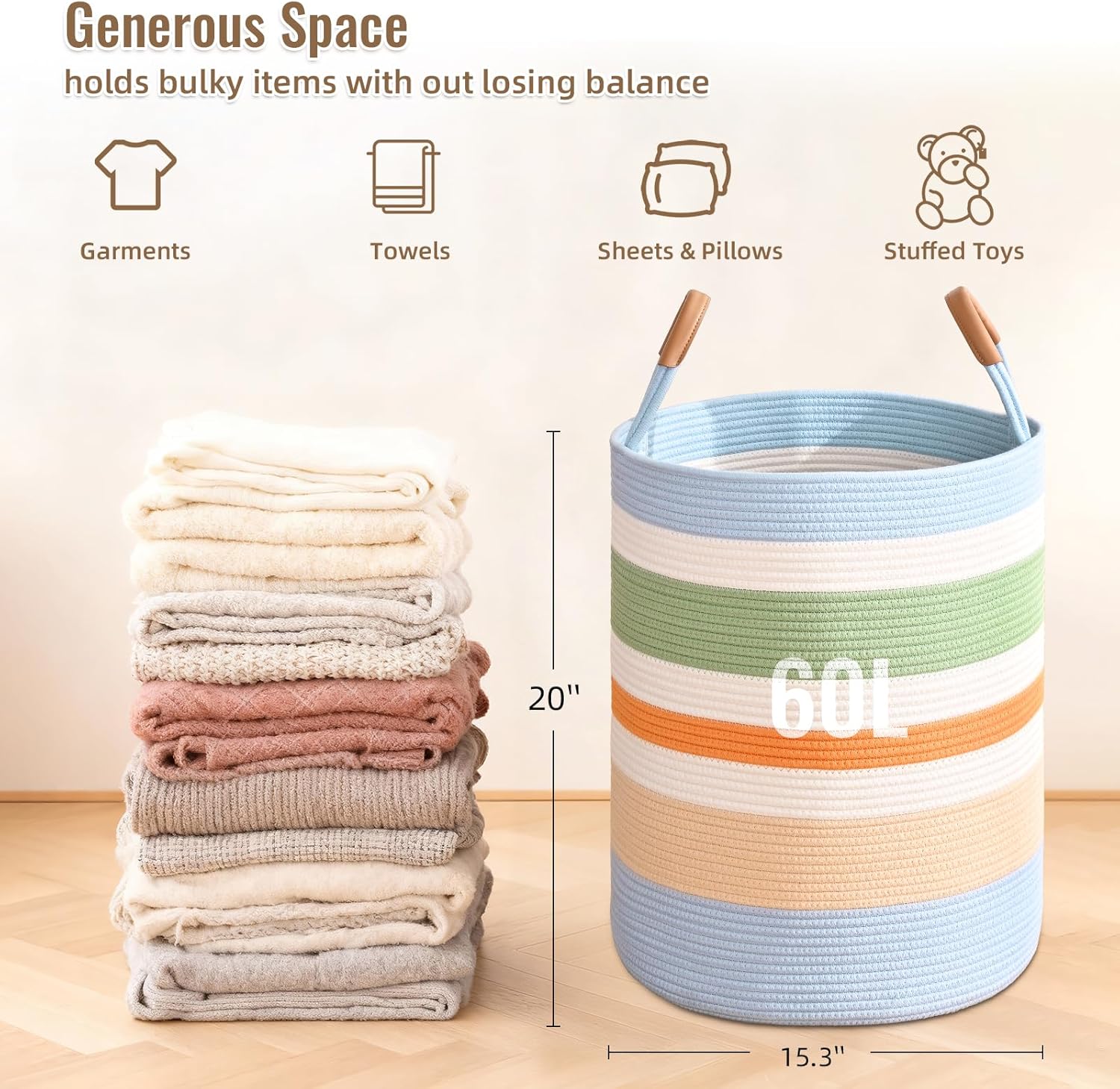 60L Striped Laundry Basket, Rainbow Laundry Hamper with Leather Handles, Woven Cotton Rope Storage Bin for Blankets, Nursery Hamper for Clothes, Toys In Bathroom, Livingroom, Bedroom