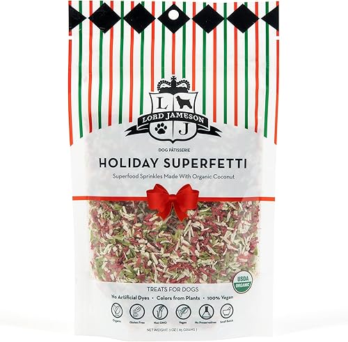 Lord Jameson Holiday SuperFetti - Gránulos para perros, 3 onzas, rojo y verde, adorno orgánico para alimentos hechos de coco, golosinas