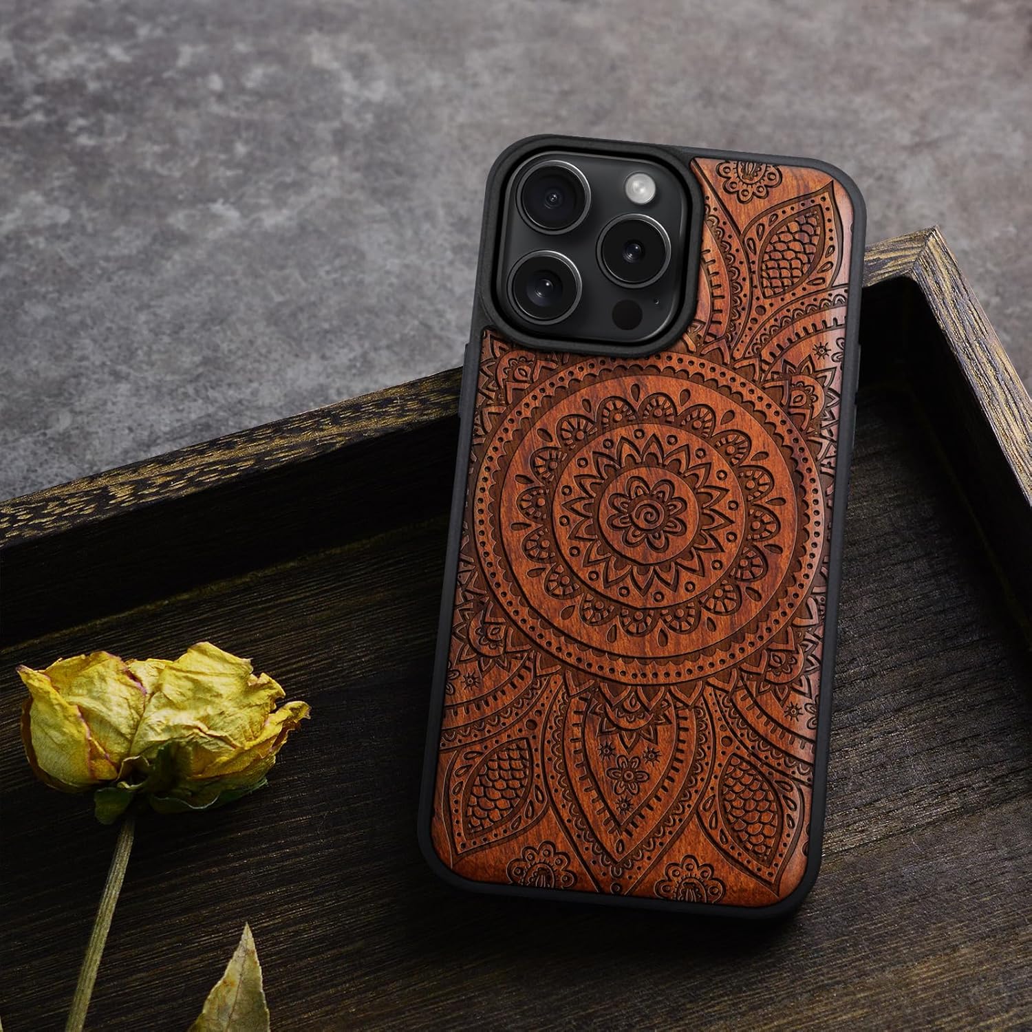 Carveit Magnetic Wooden Case for iPhone 16 Pro Max Case, Wood Artisan Engraved & Black Soft TPU Shockproof Cover, Compatible with MagSafe Wireless Chargers (Indian Floral Mandala) Rosy