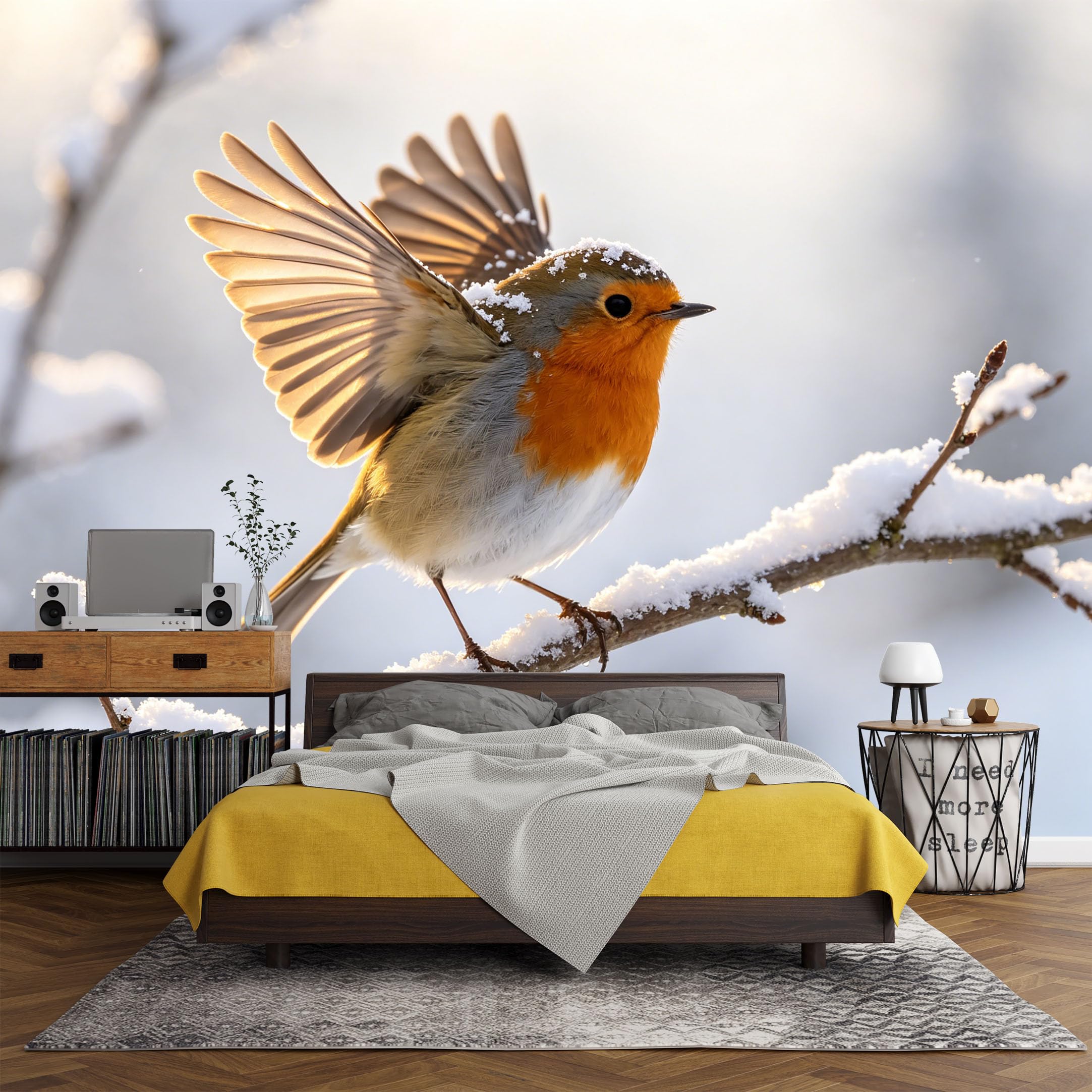 Custom Size Wall Mural Winter Robin Bird Snowy Branch Wildlife Nature Photography，SelfAdhesive Art Prints wall Fabric（No PVC） Removable Wallpaper Living Room Decor