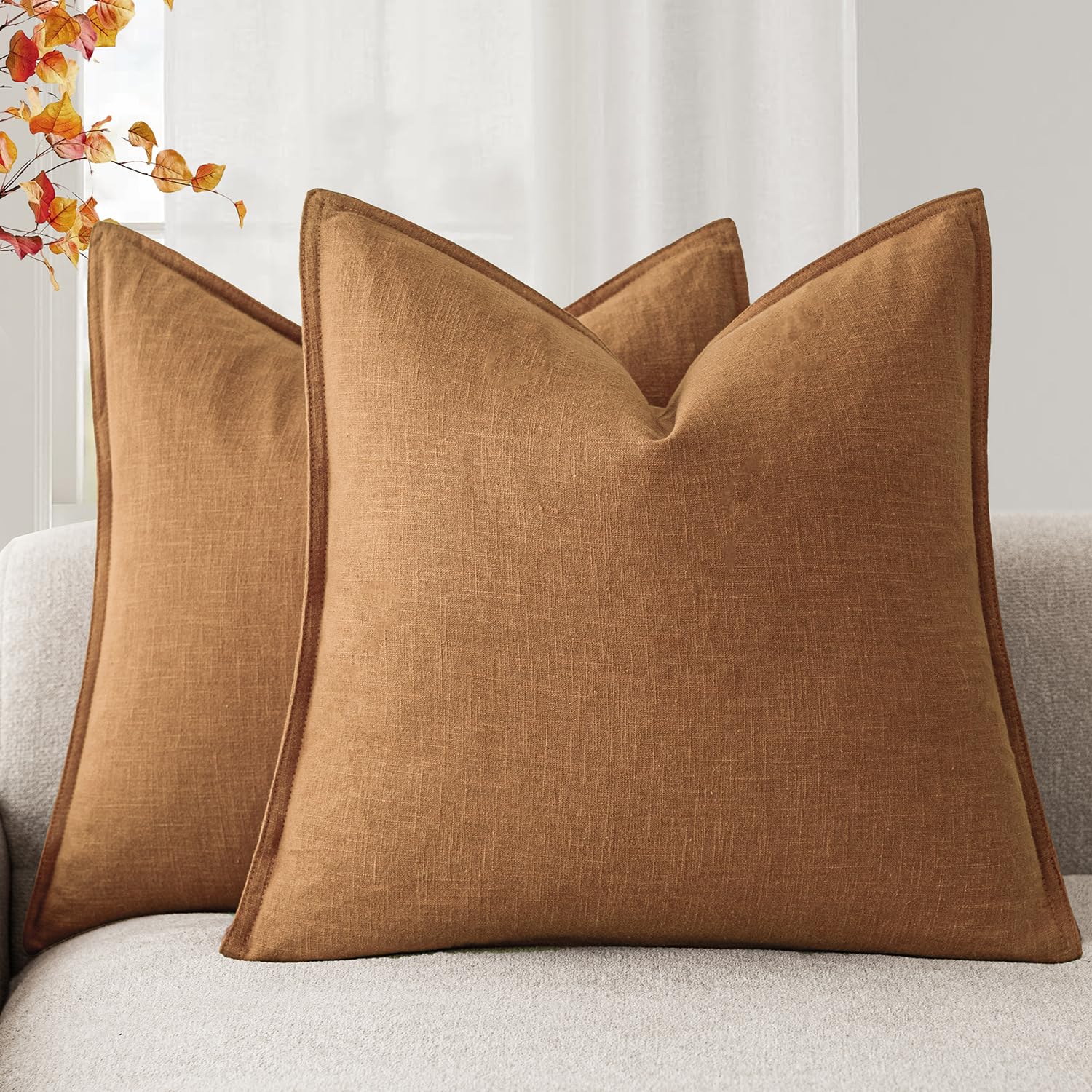 Foindtower Set of 2, Decorative Linen Soild Throw Pillow Covers Soft Accent Cushion Euro Case Boho Farmhouse Pillowcase for Chair Couch Sofa Bedroom Living Room Home Decor 24 x 24 Inch Autumn Orange