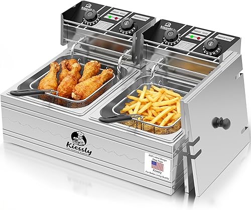 Freidora eléctrica de 20 L, freidora comercial de 3500 W con tapas de canastas, máquina de cocina de doble tanque de acero inoxidable con control de