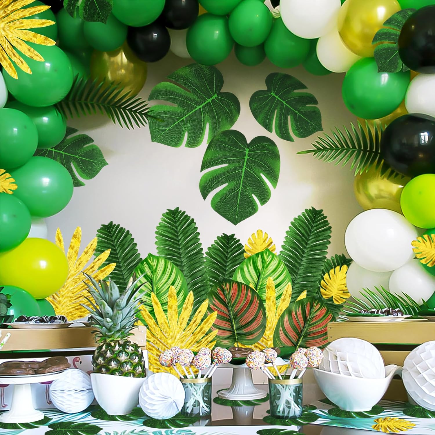 Jungle Party Decorations, 50 Pieces 8 Kinds Palm Leaves Artificial Tropical Monstera, Jungle Leaf with Stem for Jungle Hawaiian Luau Party Table Decoration Wedding Birthday, Green and Gold - Image 6