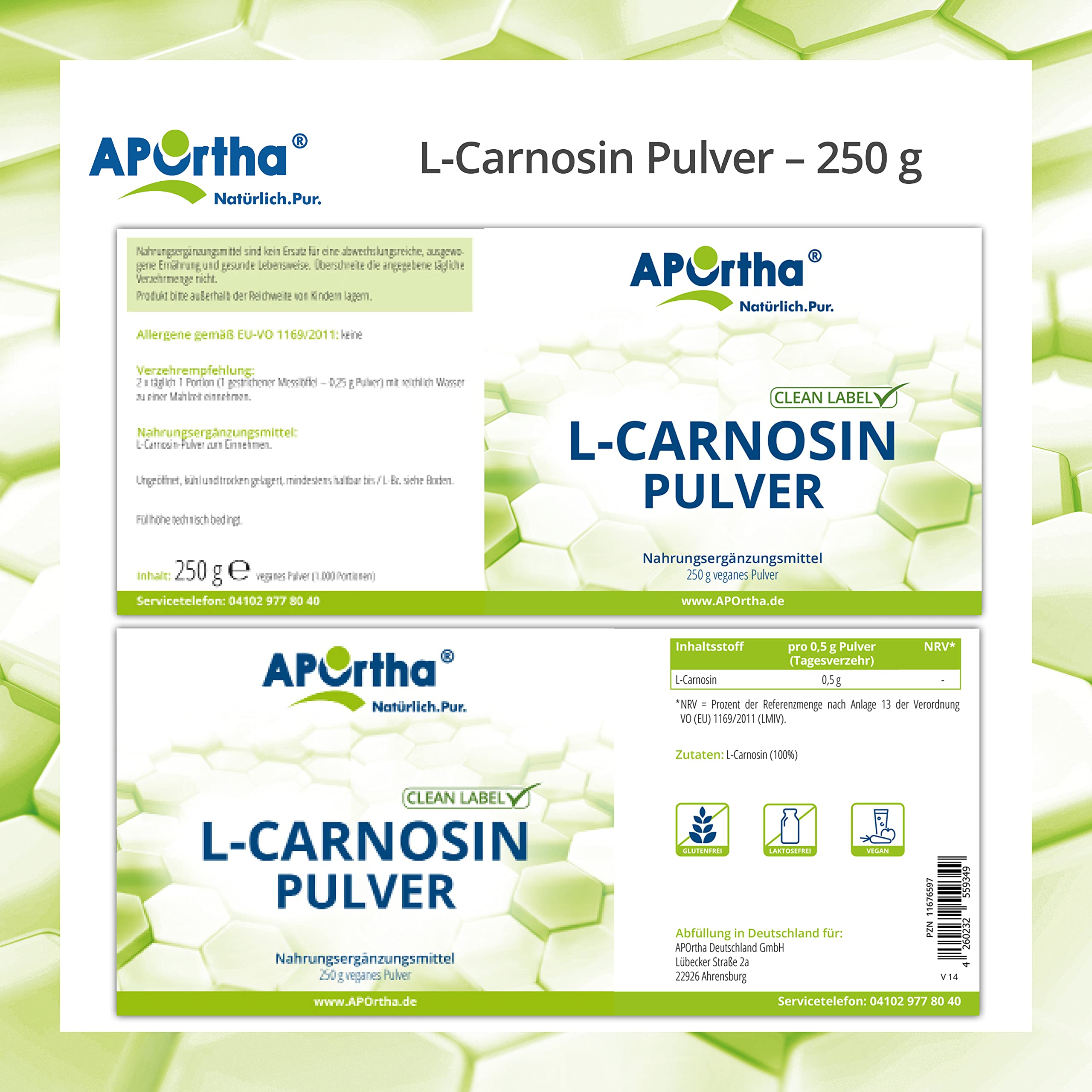 APOrtha® L-Carnosin, 250 g Pulver vegan aus 100% reinem L-Carnosin | Hochdosiert mit 500 mg L-Carnosin je Tagesverzehr, 250g Pulver für 500 Tage, vegan, glutenfrei, allergenfrei
