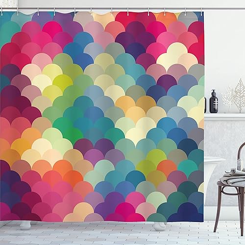 Ambesonne Cortina de ducha abstracta, colorido estilo retro, escamas inspiradas en patrón de ondas, círculos superpuestos, azulejos de puntos, tela