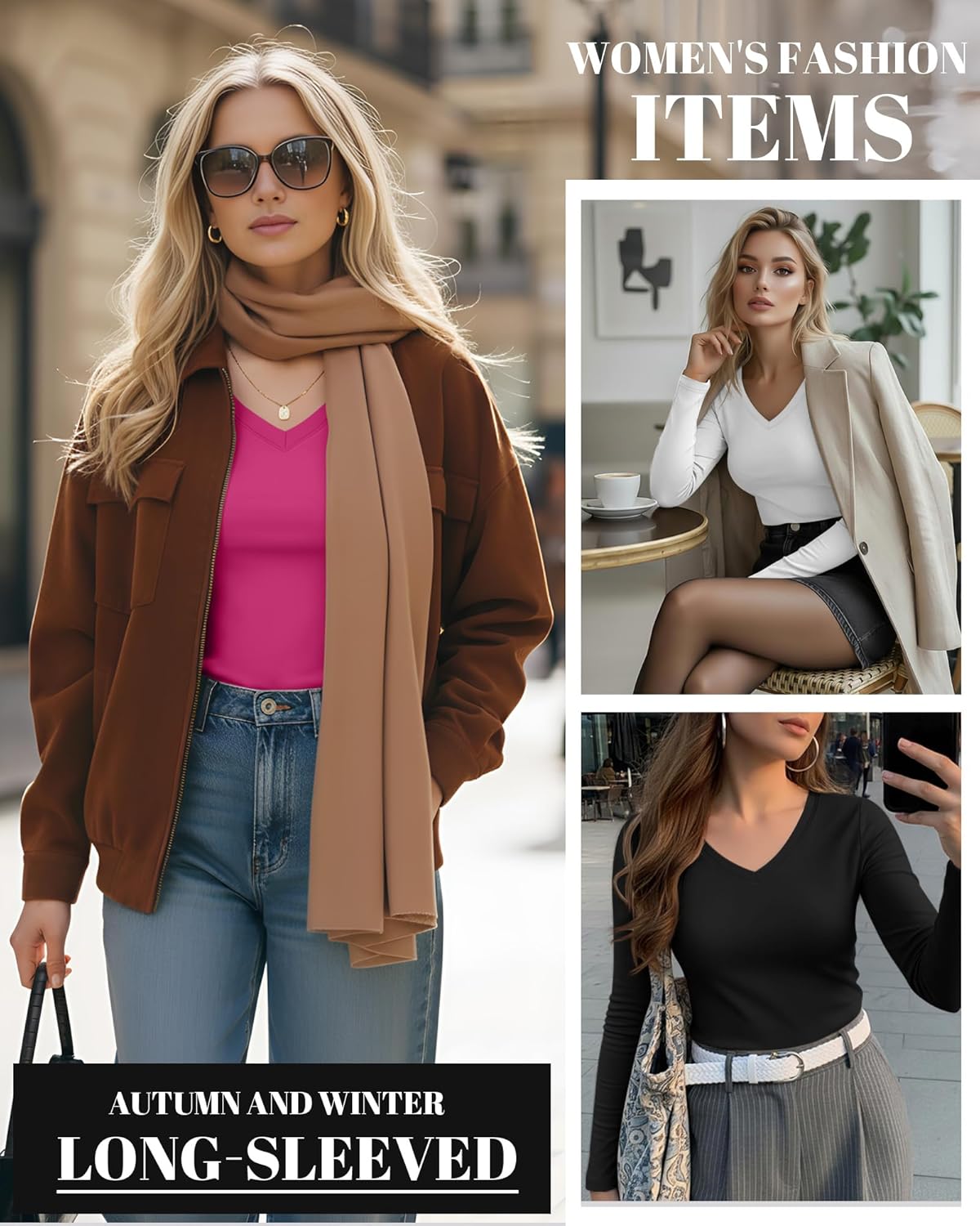 Ficerd 3 Pack Women's Long Sleeve Shirts, V Neck Basic Tees Slim Fitted Casual Fall Tops Going Out Blouses T Shirts - Image 6