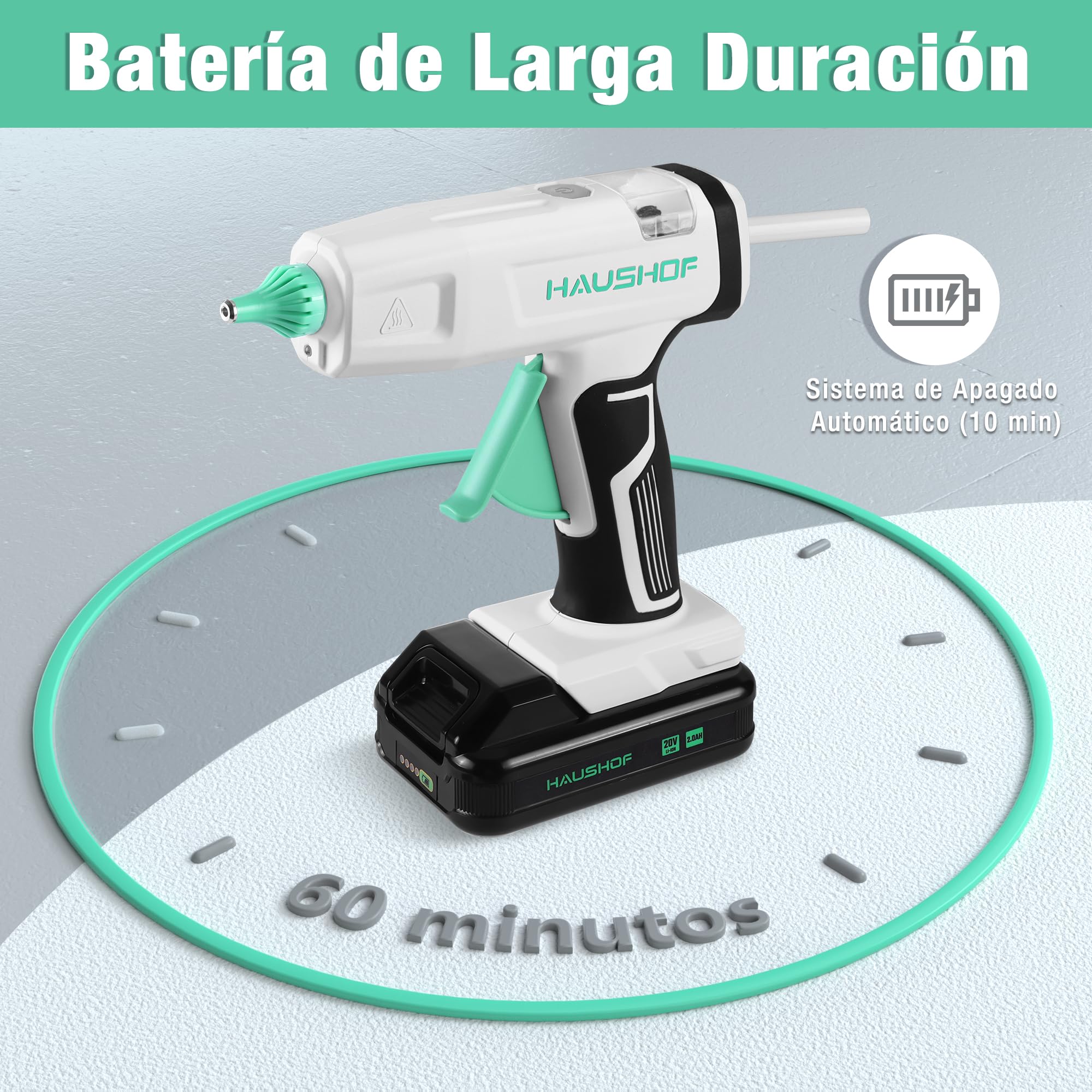 HAUSHOF Pistola de Silicona Caliente 20V Inalámbrica, Pistola de Pegamento a Batería, 12 g/min, Incluye 20 Barras 11×150 mm, para Manualidades y Reparaciones