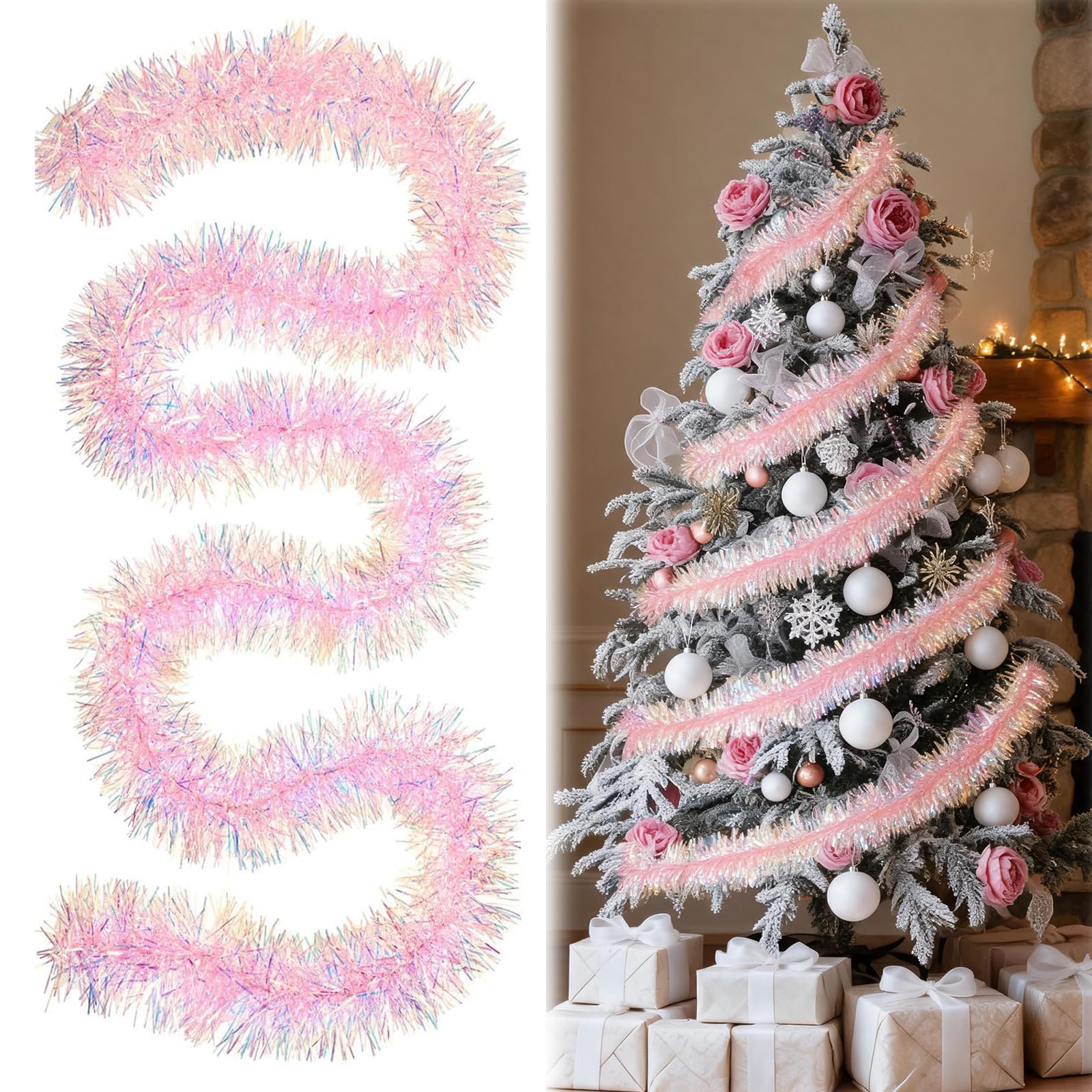 5Pcs Pink Tinsel, 2m Pink Shiny Christmas Tinsel Garland for Xmas Tree
