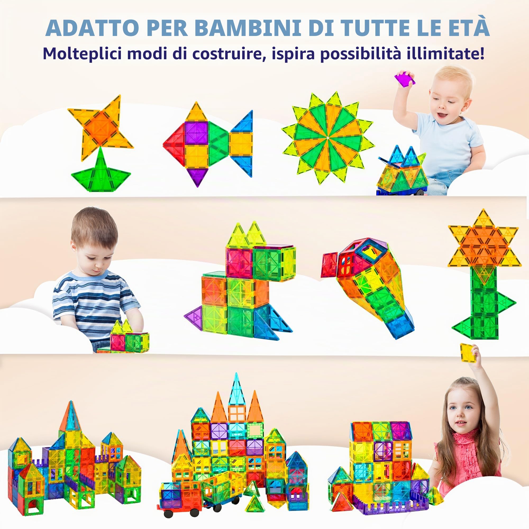 cossy Costruzioni Magnetiche, Blocchi Magnetici 3D per Bambini, Giocattoli da Costruzione Magnetiche con 2 Basi per Auto, Montessori Educativi Magnet Tile, Giochi Magnetici per Ragazzi 3+, 120 Pezzi