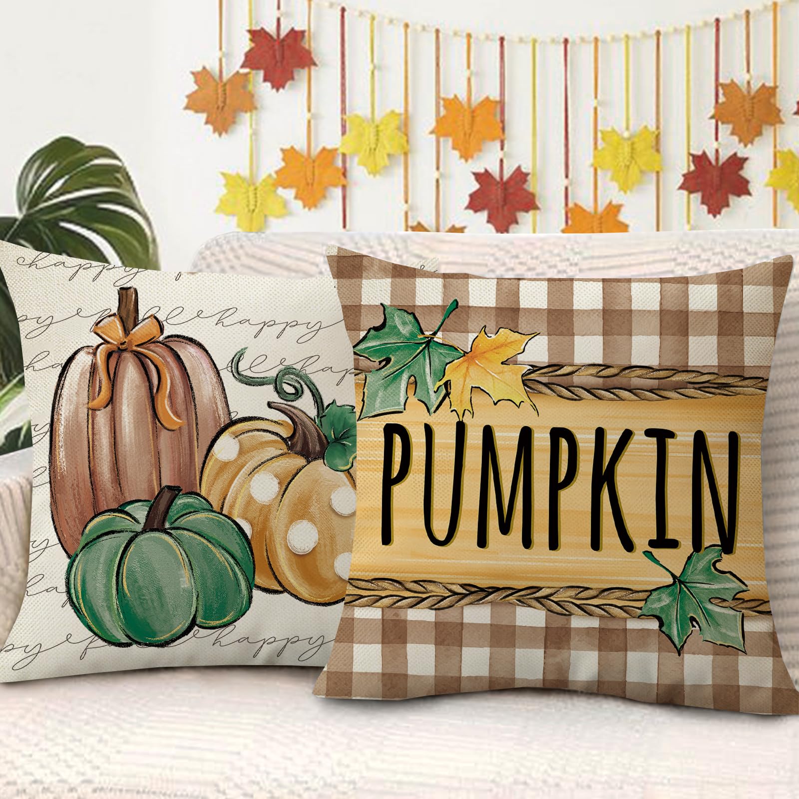 Lot De 4 Housses De Coussin Rectangulaires Fahrendom - 30,5 X 50,8 Cm - Motifs Automne Citrouilles Et Feuilles D'Érable - Coton Lin