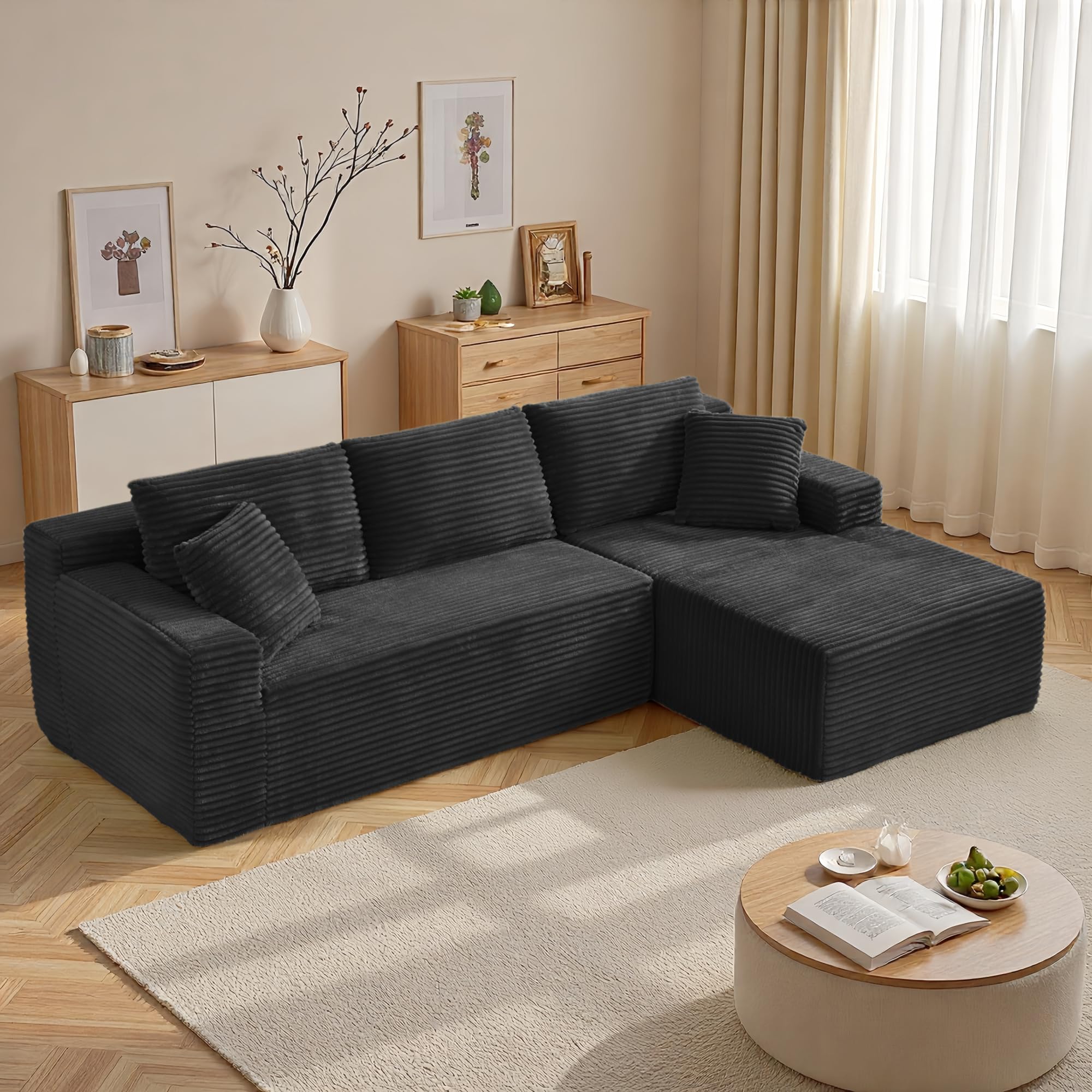 Sapgaks - Sofá esquinero convertible en L, sofá de 3 plazas de pana, sofá convertible de espuma viscoelástica para la sala de estar, dormitorio, apartamento, B-negro