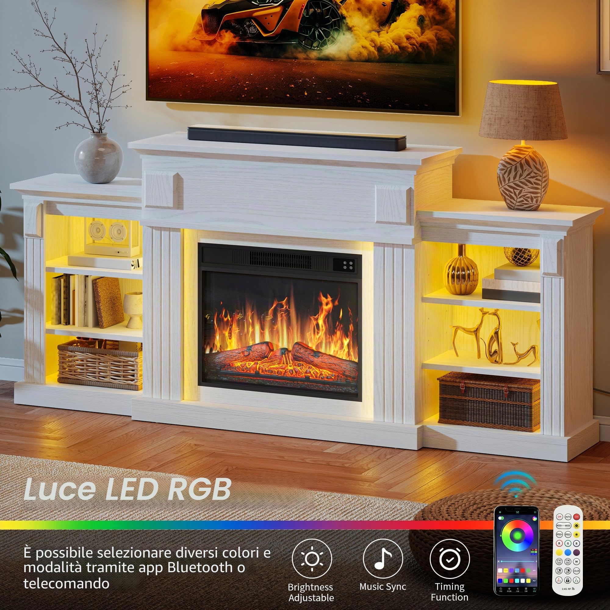 YITAHOME 72" Camino Elettrico, Effetto Fiamma 3D Realistico Mobile TV con Spazio di Archiviazione Aperto, Camino Elettrico da Terra con Timer a Striscia Luminosa a LED e Telecomando