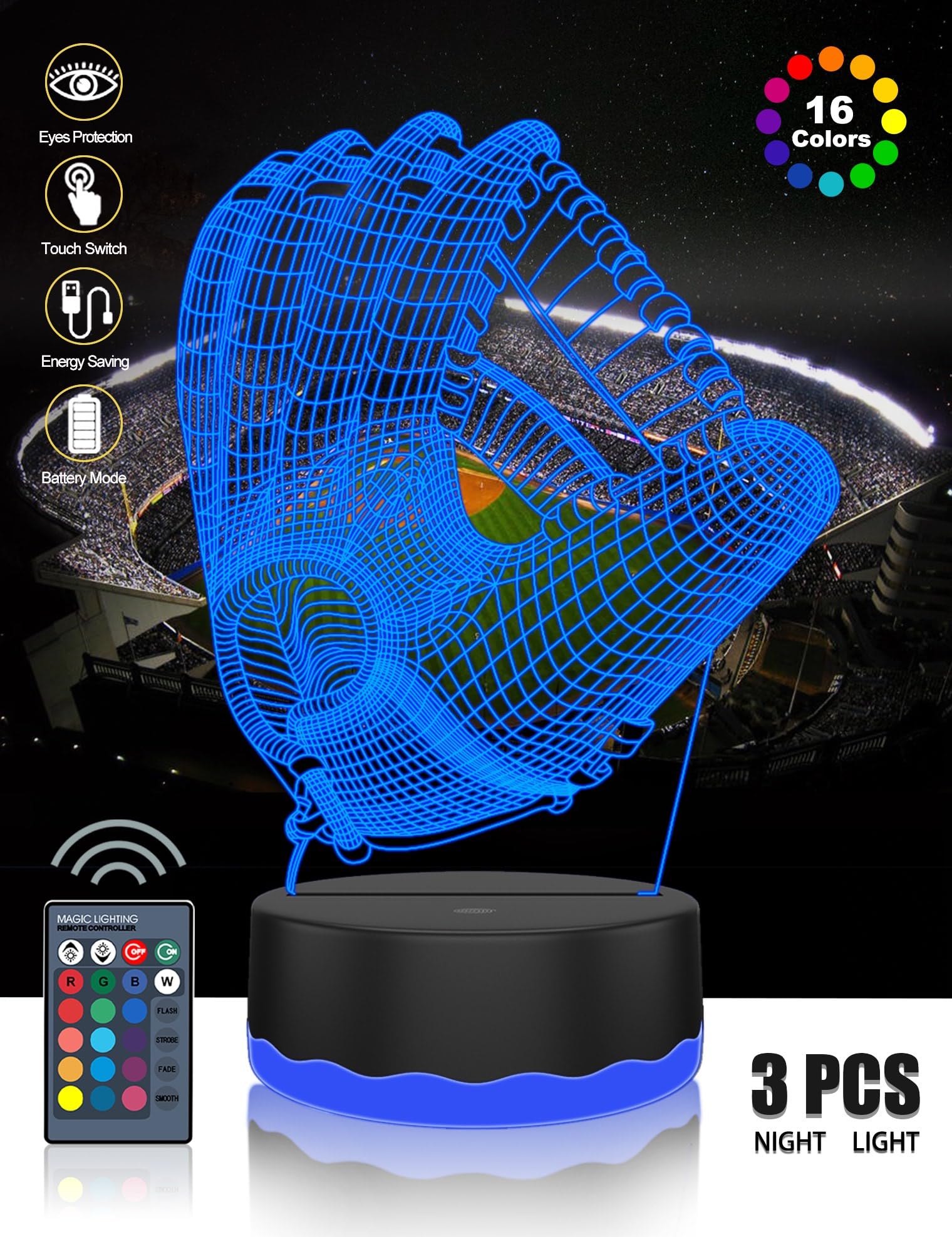 Urwise 3D Baseball Night Light Lamp - 3 Pcs Set (Player, Cap