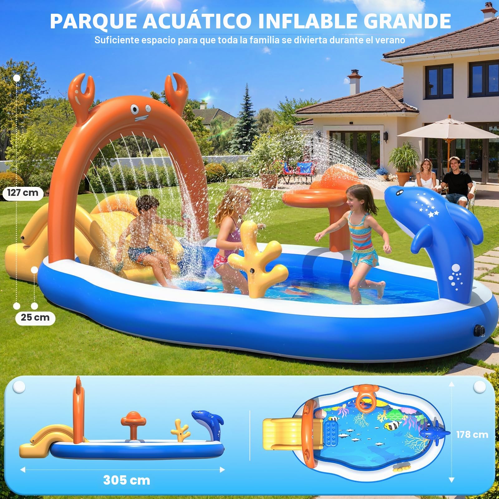 KingSom Piscina Infantil Hinchable, Juegos Hinchable Piscina para Niños con Tobogán, Rociador, Piscina Hinchable para Niños, Juegos de Aguas Exterior, Piscina Hinchable Familiar Jardín, 305x178x127 cm