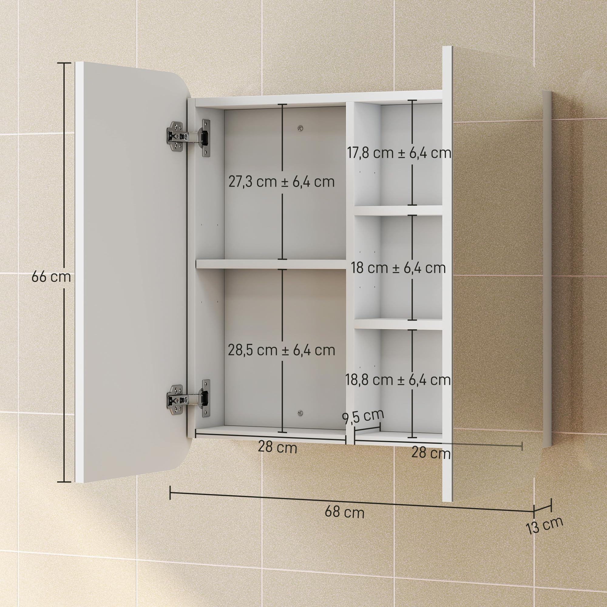 HOMCOM Armario de Baño con Espejo, Diseño con Bordes Curvados, Armario de Pared, Mueble de Baño Colgar, 2 Puertas, Estantes Ajustables, 68x13x66 cm, Blanco