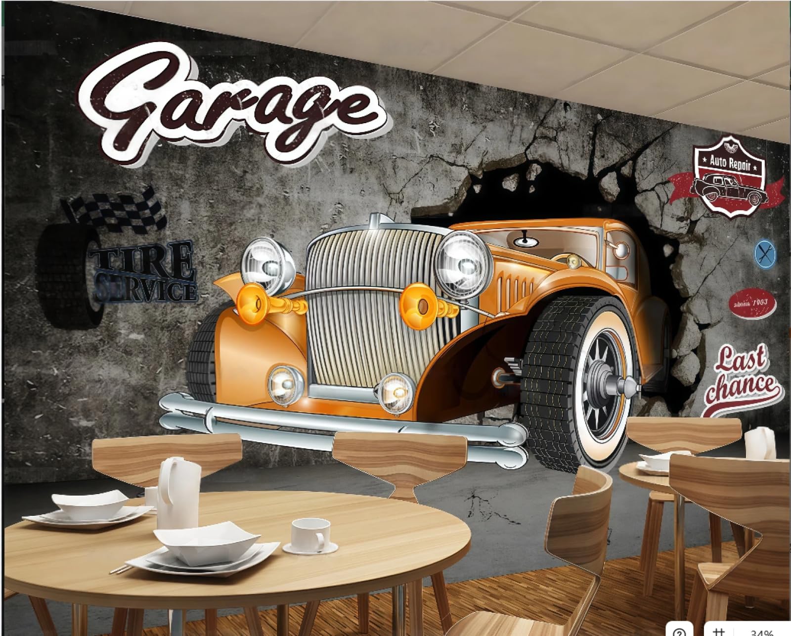 XDOUBAO Wallpaper Retro Cement Wall Three-Dimensional Car Repair Logo Theme Dessert Coffee Shop Background Mural Western Restaurant Wallpaper,3D,150x105cm