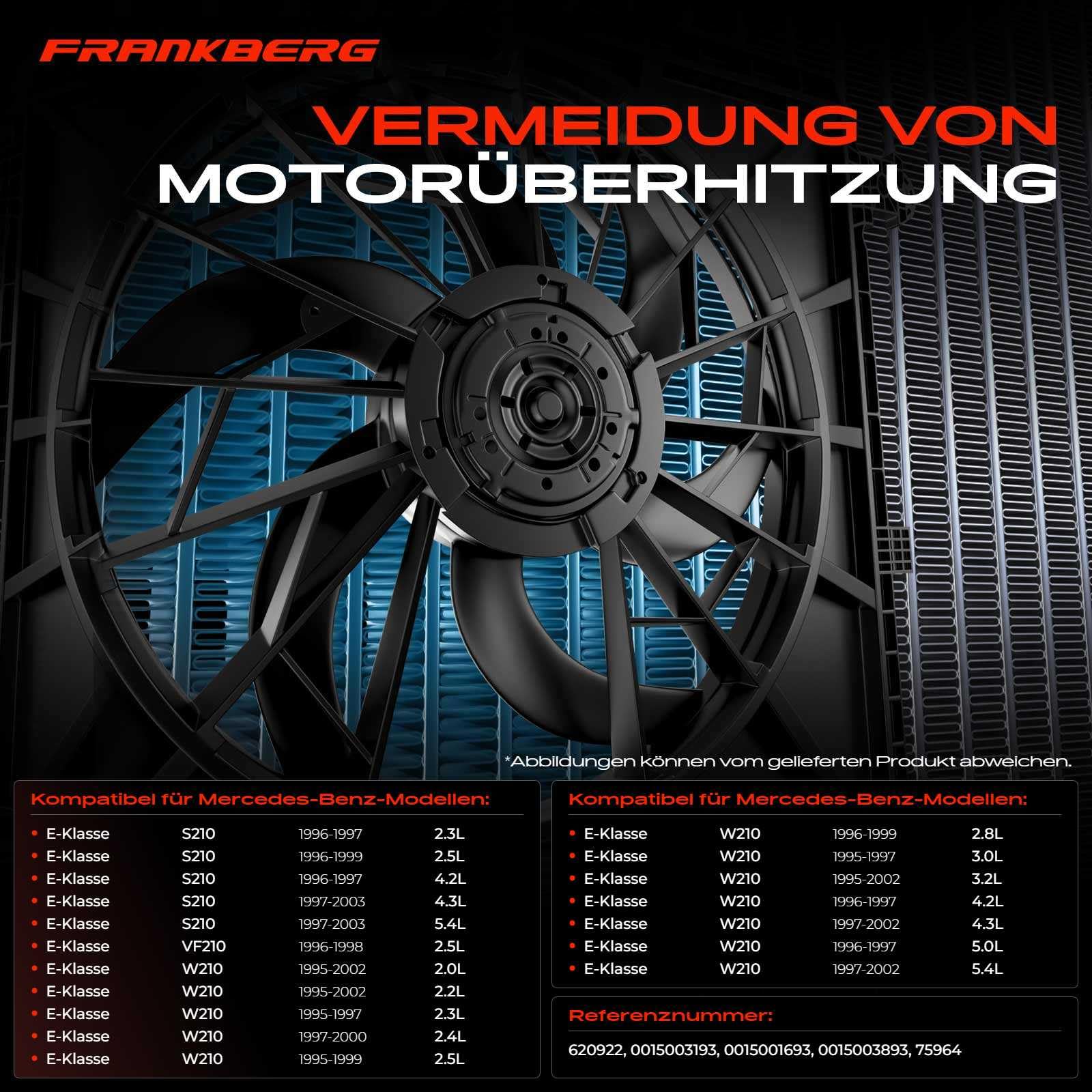 Frankberg 1x Lüfter Motorkühlung Kühlerlüfter Kompatibel mit E-Klasse W210 2.0L-5.4L 1995-2002 E-Klasse T-Model S210 2.3L-5.4L 1996-2003 E-Klasse Pritsche/Fahrgestell VF210 1996-1998