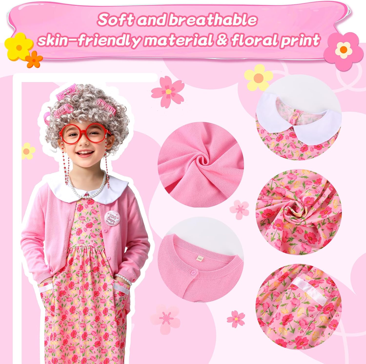 100 Days of School Old Lady Costume for Girls 13 pcs Granny Dress Up Cosplay Set for Girls - Image 3