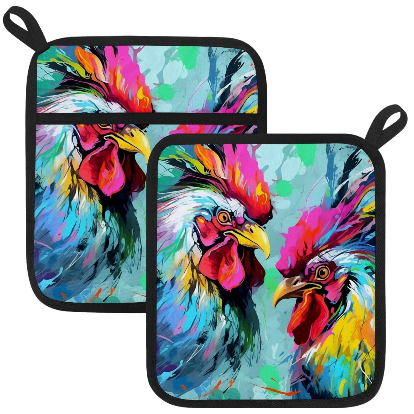 VAPOKF Farmhouse Roosters Heat Resistant Pot Holders, Thick Pot Holders Pad with Hanging Loop for Kitchen, Oven Cloth Pads for Kitchen Baking Microwave Oven