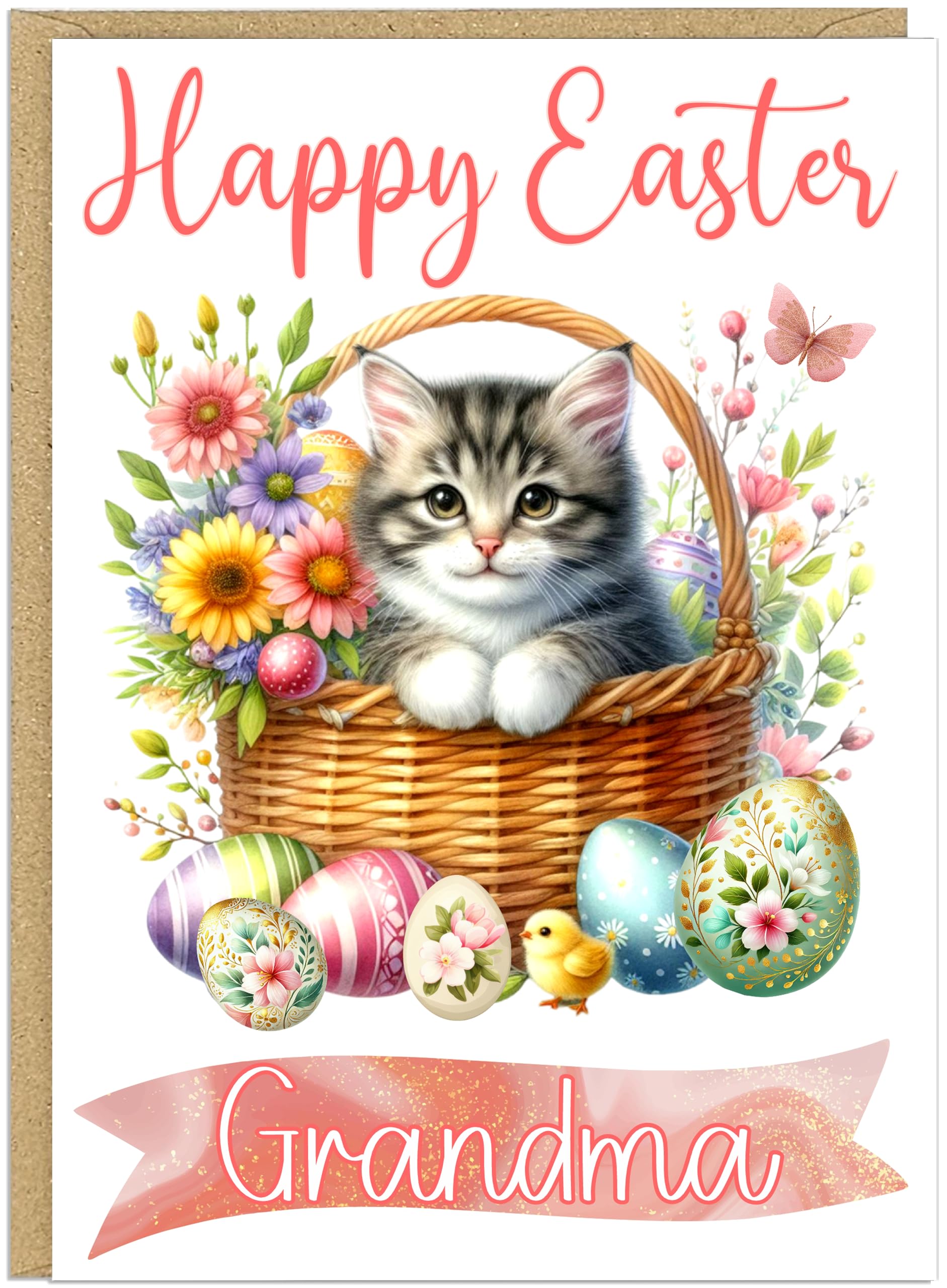 Custom Happy Easter Card with Adorable Cats in a Basket - Personalised Add Own Name for Cat Lovers Grandma Nanna Mummy - A5 Happy Easter Greeting Cards (Design 1)