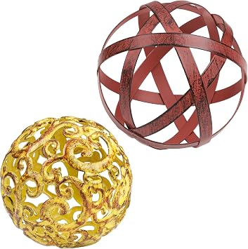 Metal Decorative Sphere for Home Decor - Fancy Yellow, 4" 4" and Distressed Red, 4,5" 4,5", Bundle