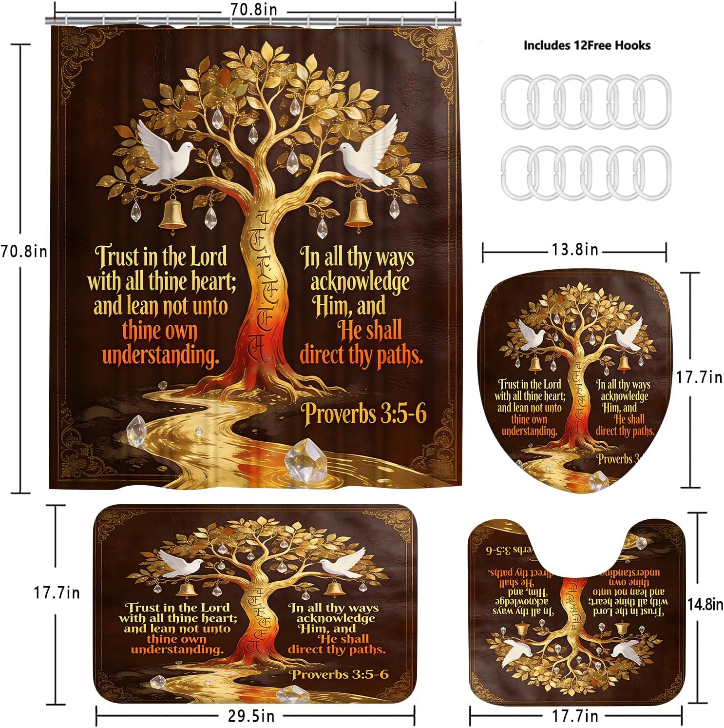 4 Piece Inspirational Quotes Shower Curtain Set with Rugs, Golden Tree & White Doves Bathroom Decor, Waterproof Fabric Bath Curtain with Non-Slip Bath Mat, U-Shape Rug & Toilet Lid Cover