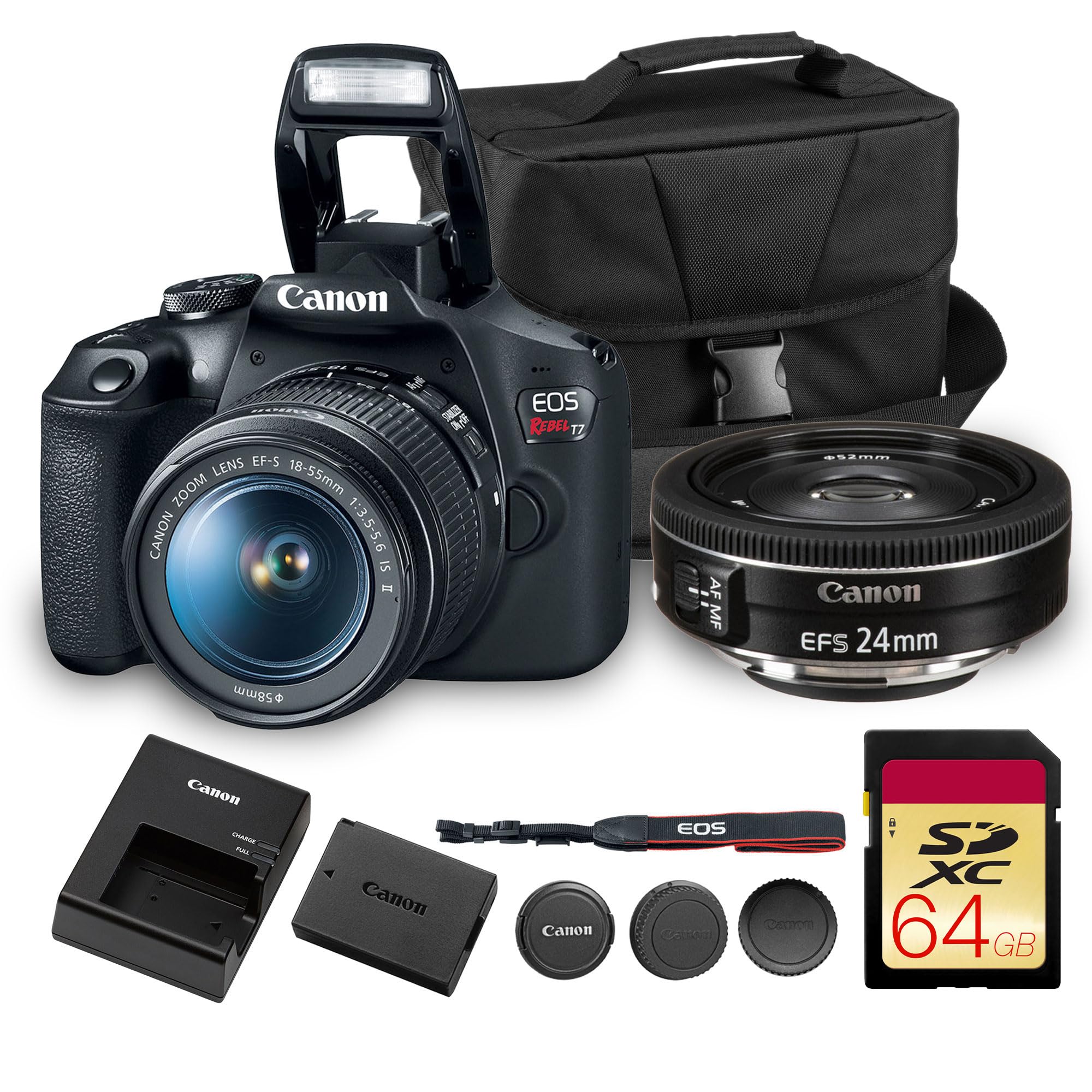 Canon EOS Rebel T7 DSLR Camera Kit | 24.1MP APS-C Sensor with EF-S 18-55mm Lens | Full HD 1080p Video Compact Beginner-Friendly Photography (2727C002) + Canon EF-S 24mm Lens + Bag + 64GB Card w/ 18-55mm & 24mm Lens