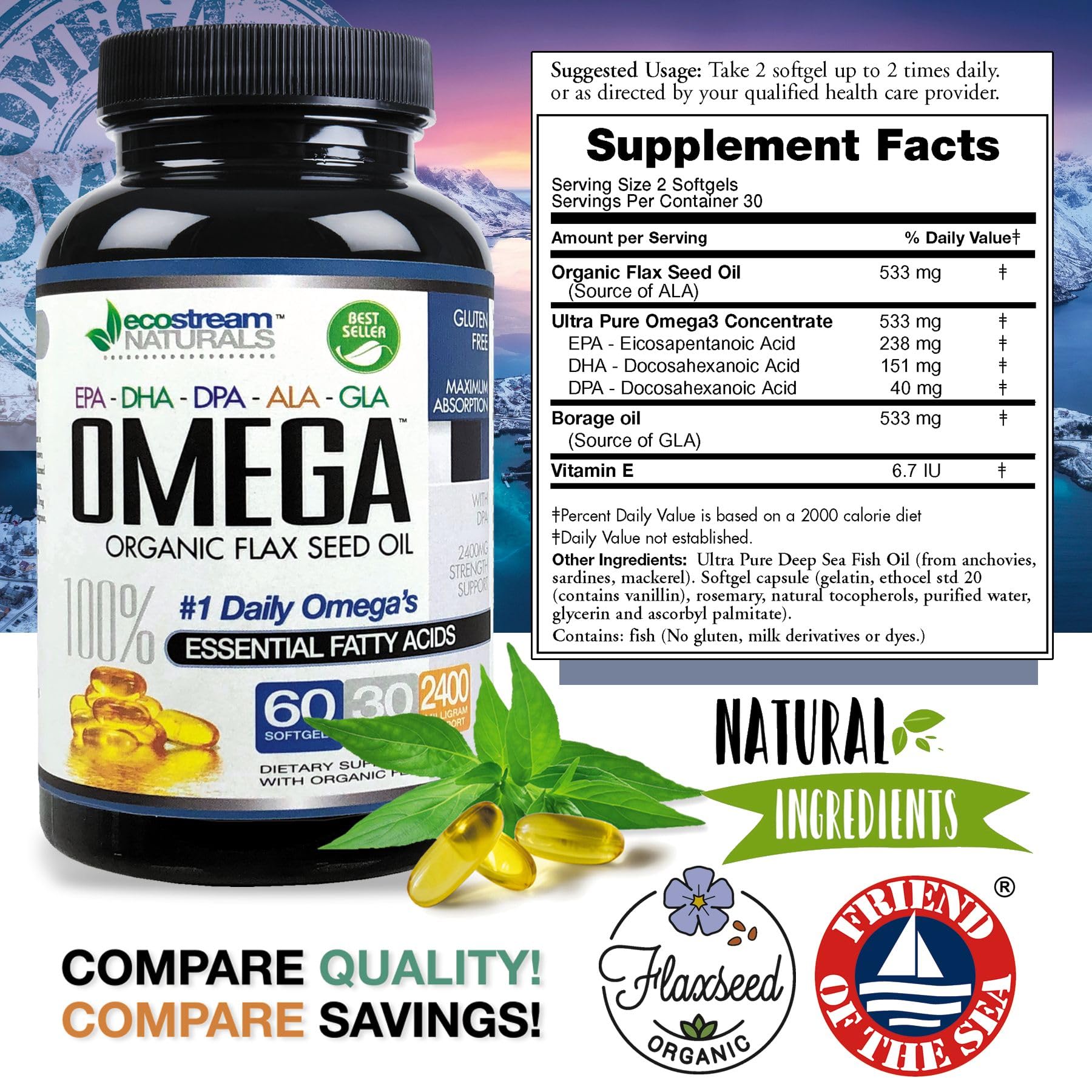 Triple Strength Omega 3-6-9 Blend with DPA, EPA, DHA, ALA and GLA and Organic Flax Seed Oil, Over 2,800 Milligram Strength - Gluten Free - Easy to Swallow - 60 SoftGels — Amazon image 3