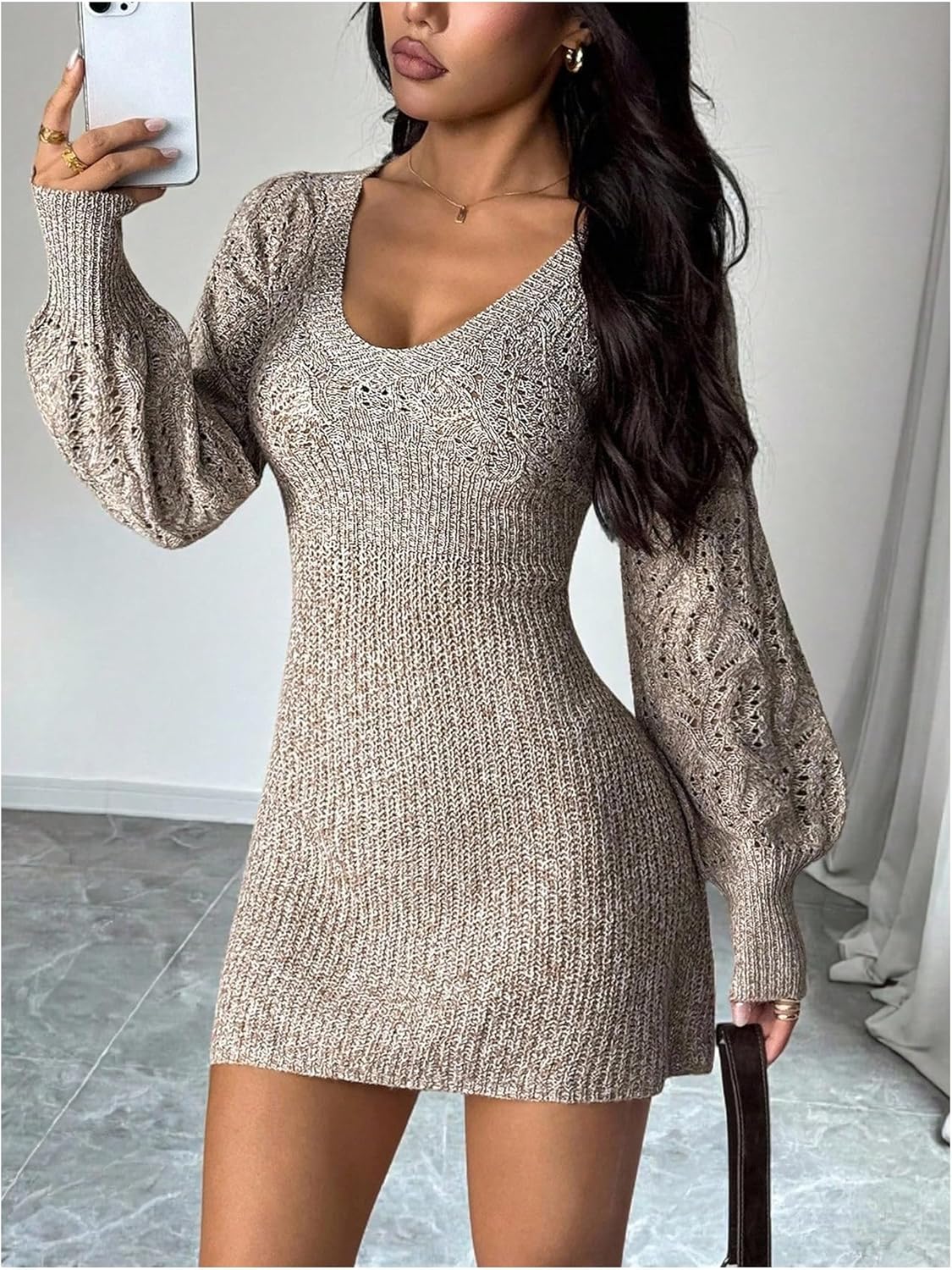 SOLY HUX Women's Long Sleeve V Neck Knit Crochet Sweater Dress Fall Winter Bodycon Mini Dresses - Image 3