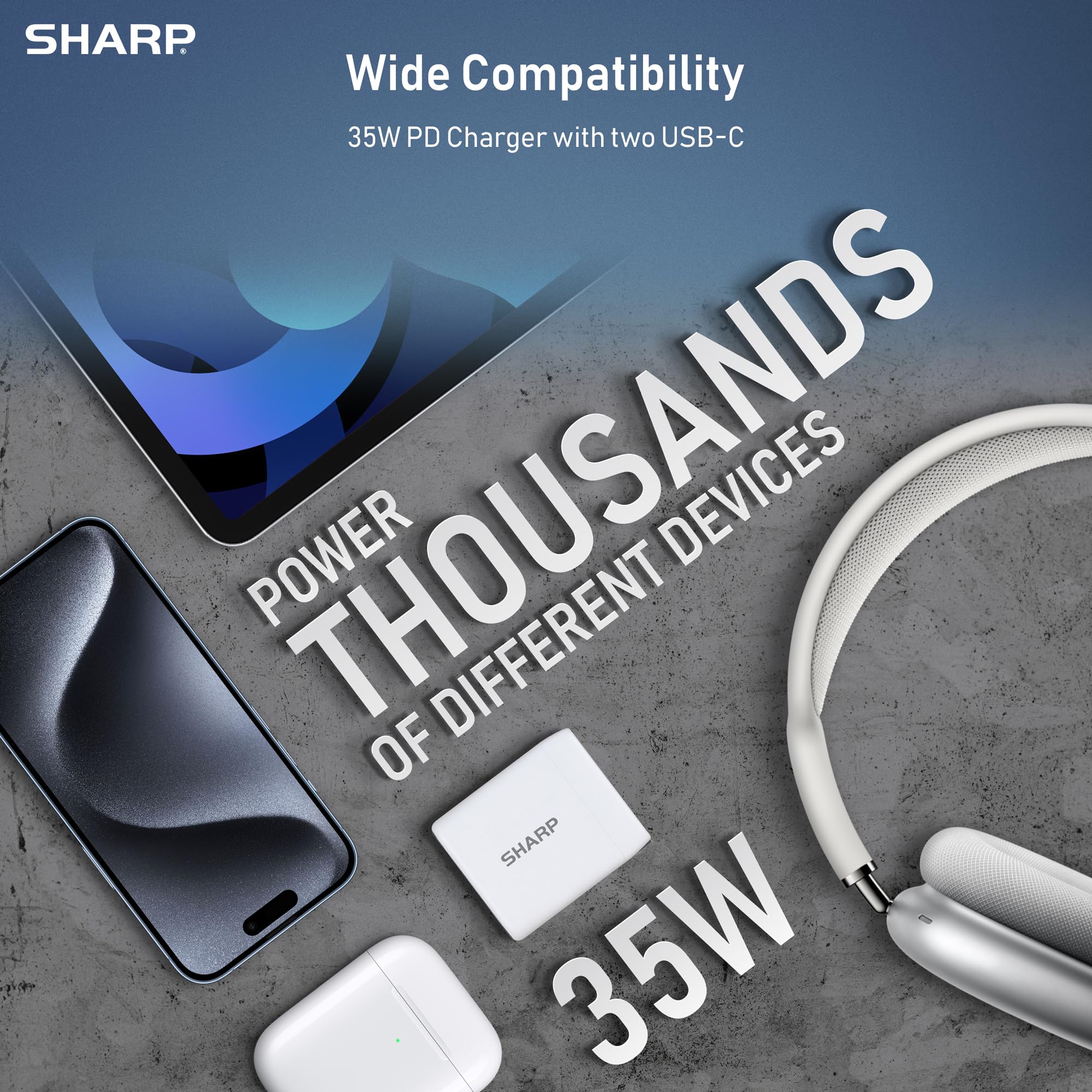 Sharp USB C Charger - 35W, Dual Port (2 USB-C) Compact Foldable GaN Fast Charge for iPhone 15/15 Pro/15 Pro Max/14/13/12, Pad Pro/AirPods and More, White
