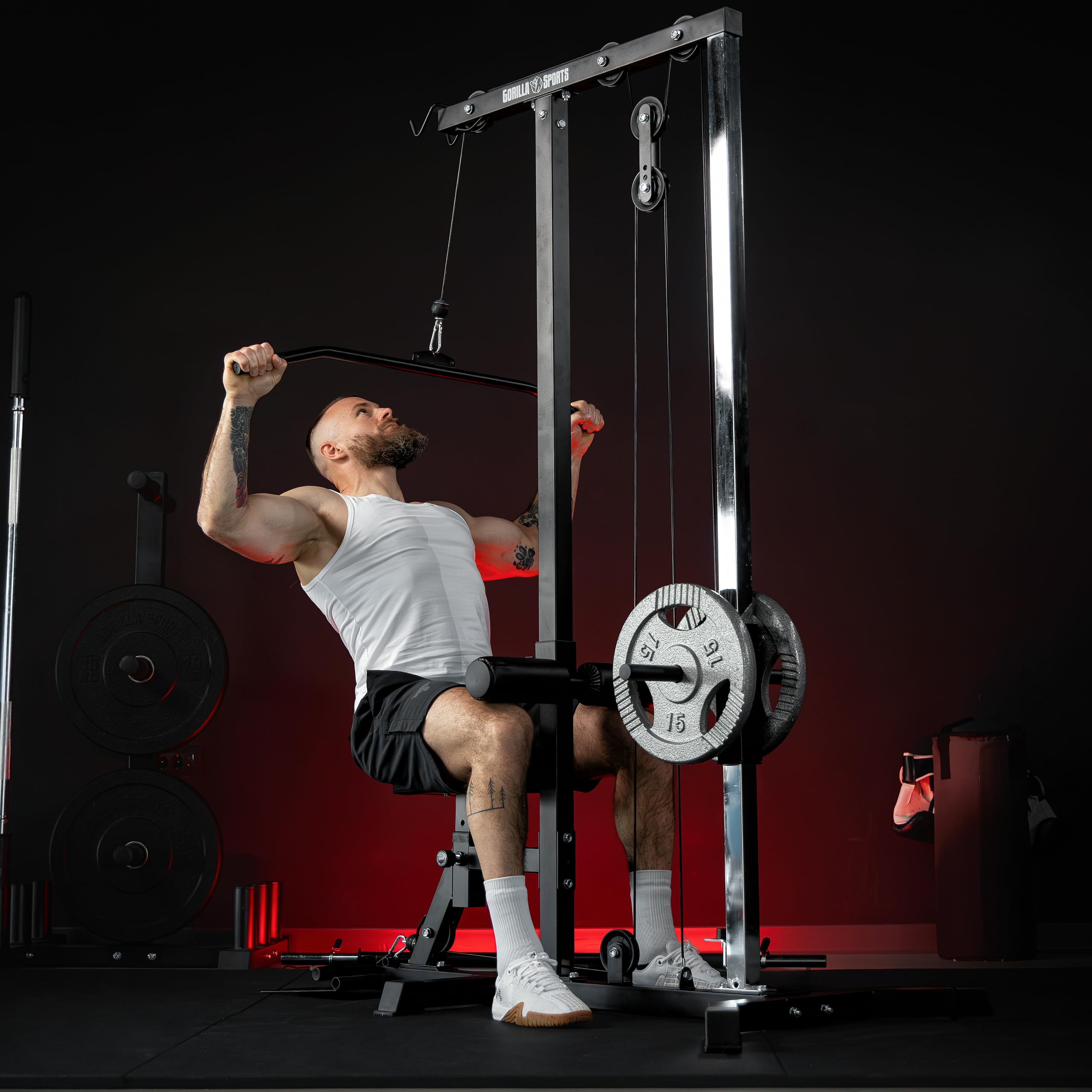 GORILLA SPORTS® Torre de poleas Ajustable, 30 mm | Incluye barra de tríceps y barra de poleas, Soporta hasta 280 kg, Estación de tracción de cables, Máquina de fitness