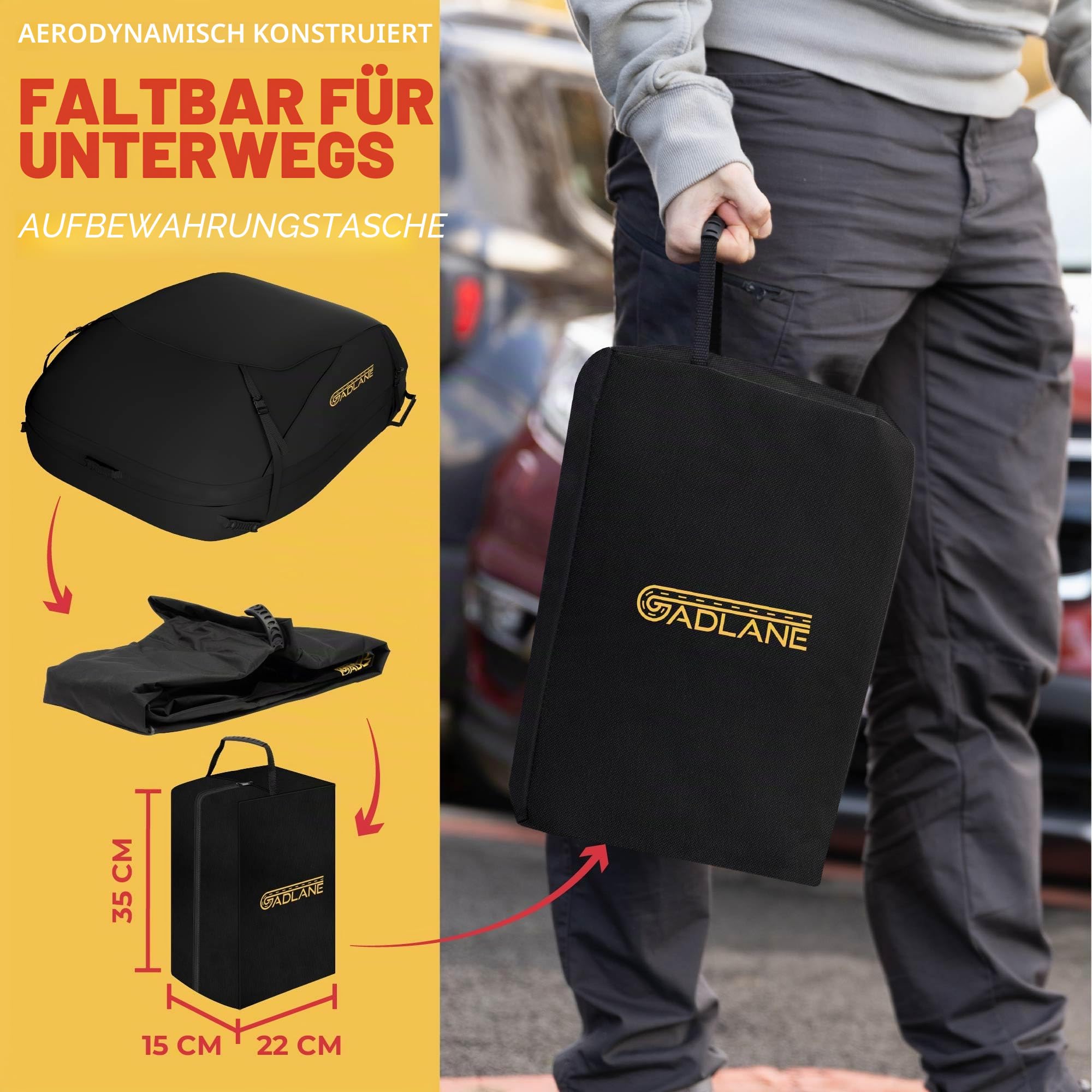 GADLANE Auto Dachtasche 400L Wasserdicht Dachbox für Autos & SUV mit oder ohne Dachträger mit 4 stabilen Gurten Anti-Rutsch-Matte Aufbewahrungstasche (Schwarz)