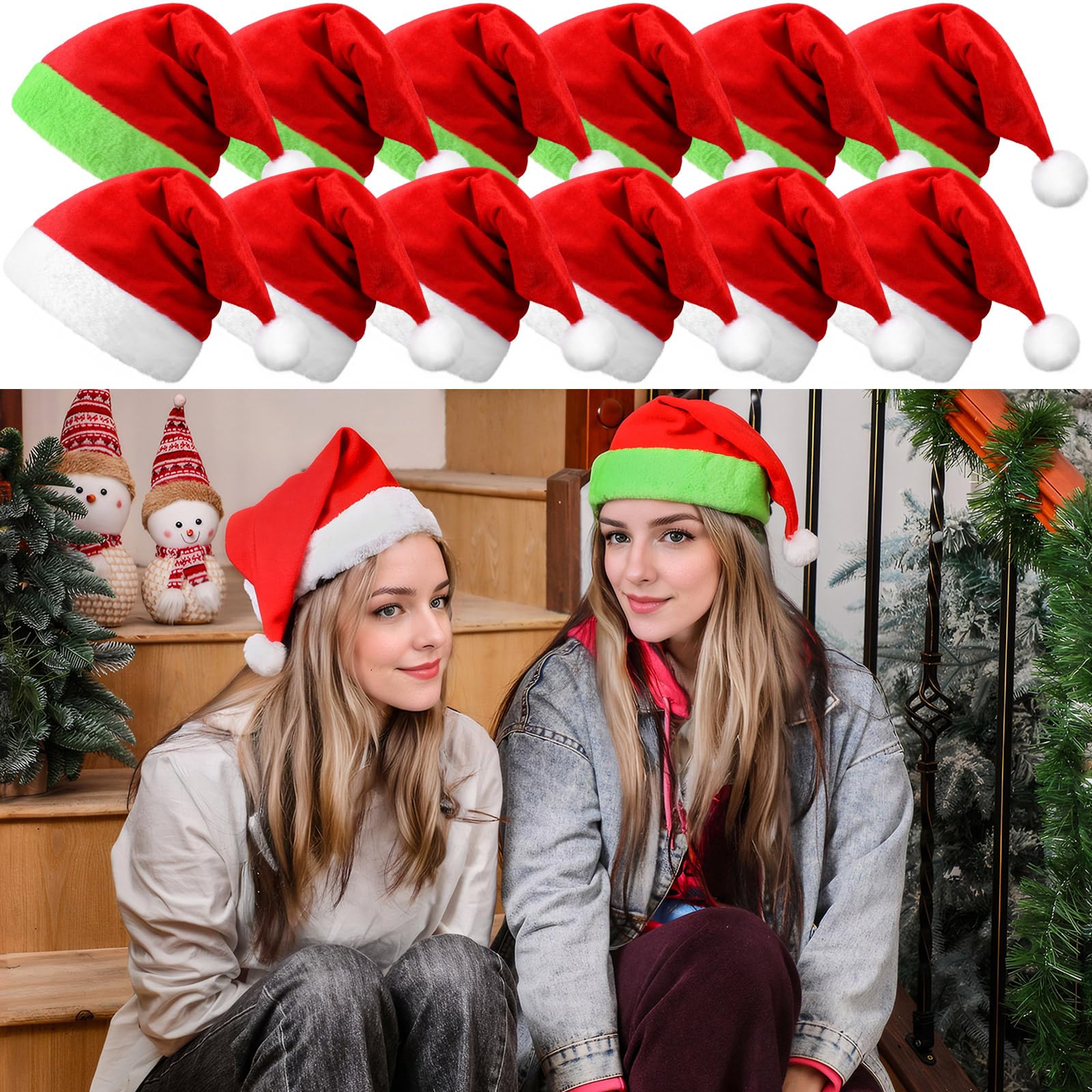 12 pezzi cappello di Babbo Natale cappello di Babbo Natale adulto unisex rosso verde cappello di Babbo Natale con bordo in pelliccia cappello di Natale per Capodanno festivo festa festa