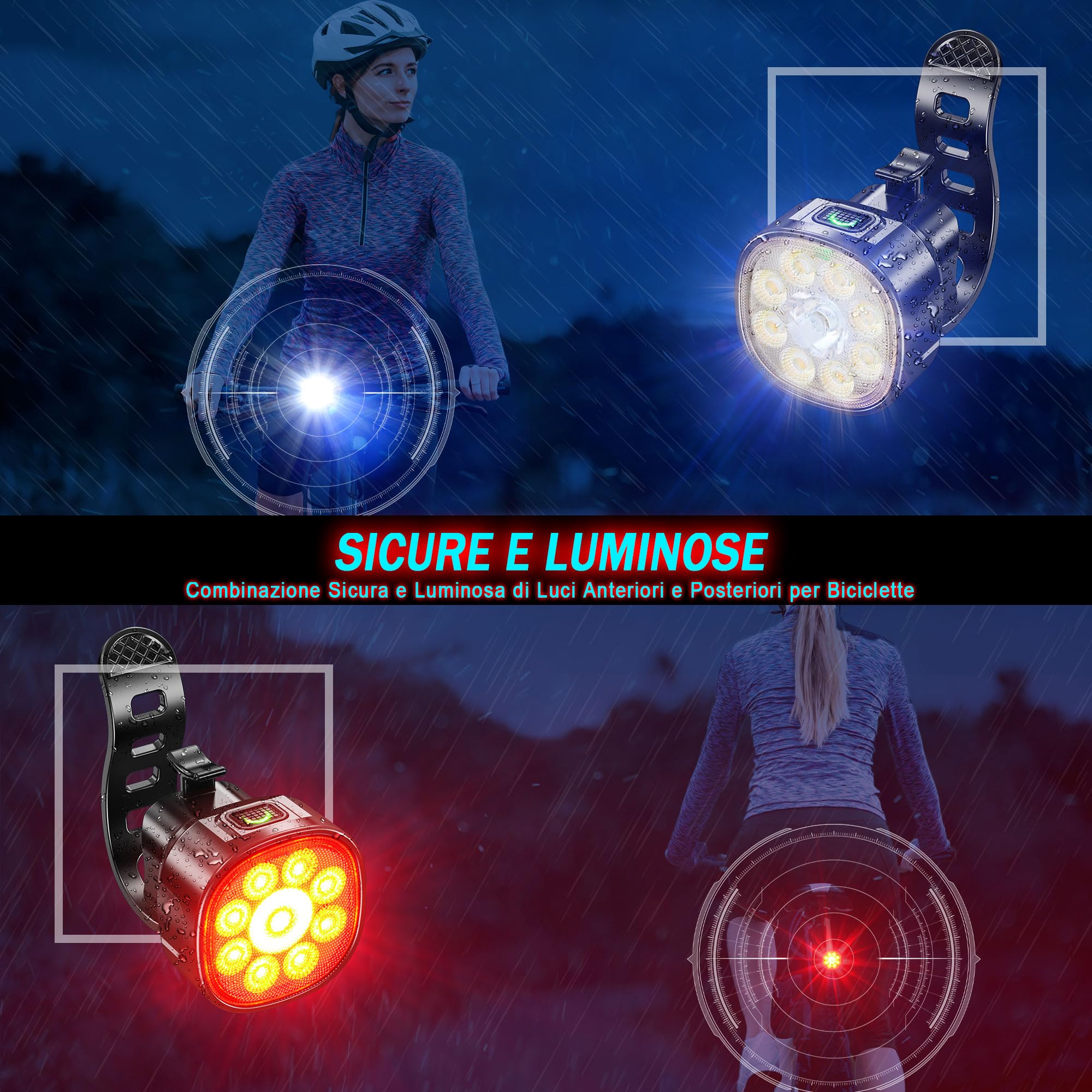 Kit Luci Bici USB Ricaricabile 1000 Lumen - Fanale Anteriore E Posteriore IP65 Impermeabile Per Ciclismo Notturno - Foto 5