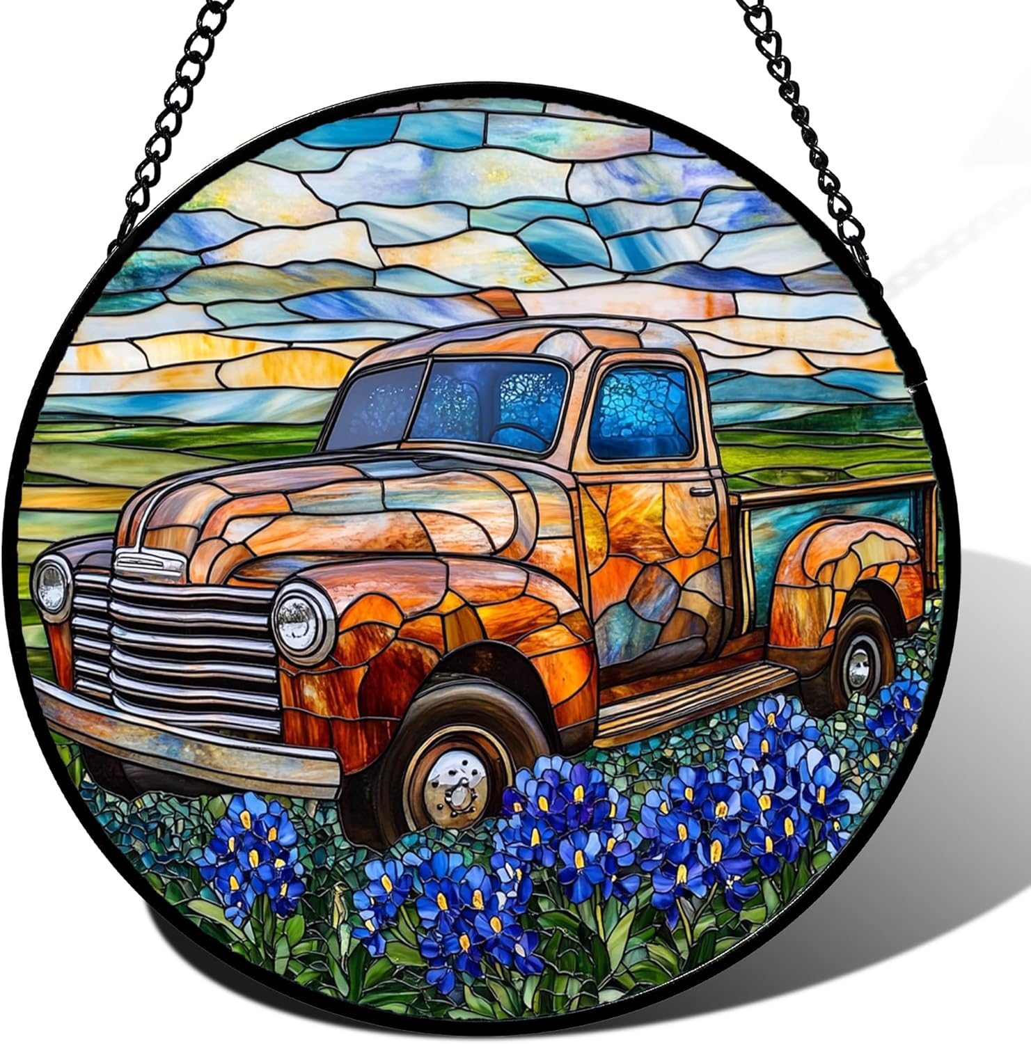 Stained Glass Window Hanging Mountains Scenery Truck Large 11.8" - Suncatcher Door Garden Sun Catcher Home Decor Birthday Christmas for Mom Men Woman Wife Friend Nana