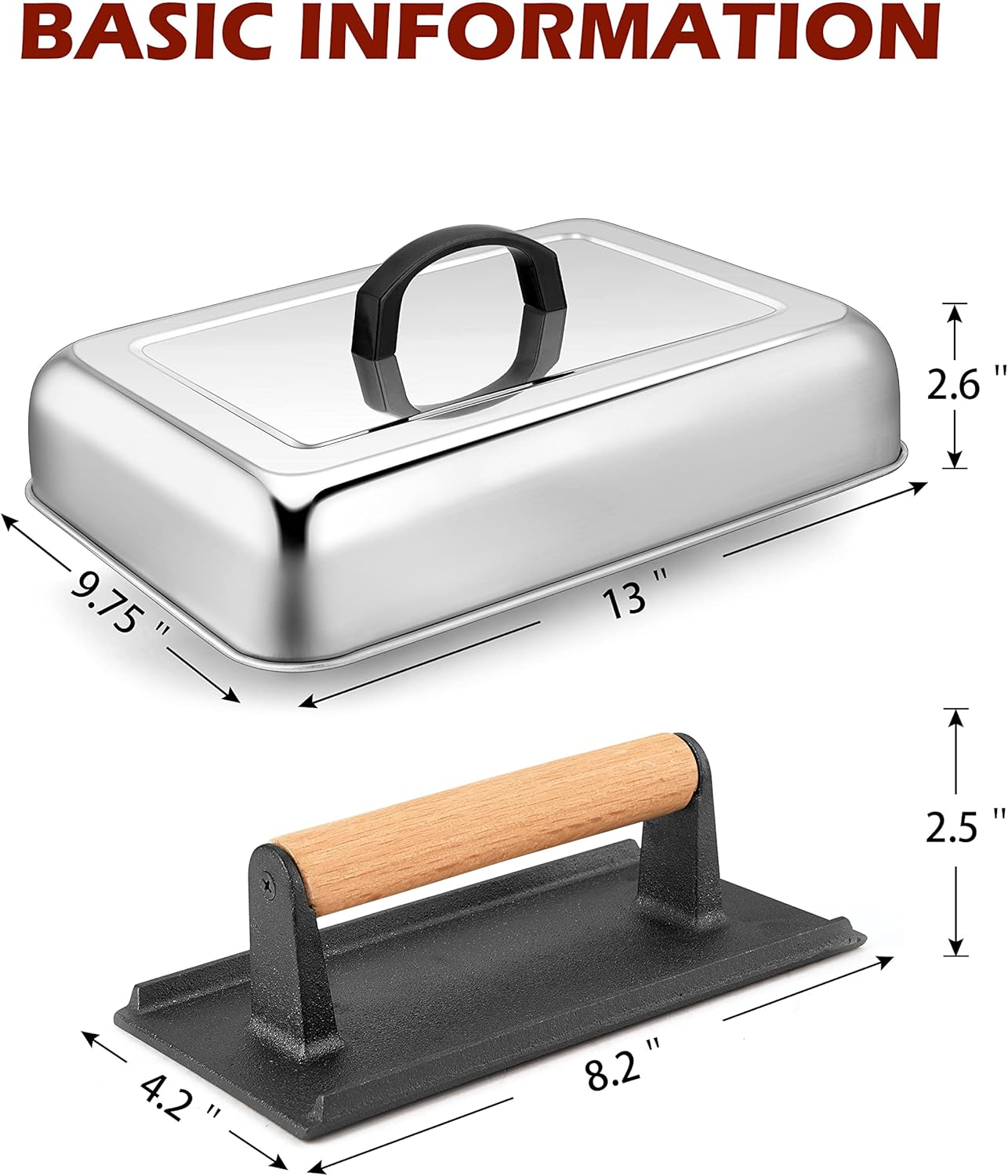 HaSteeL 13 x 9.75In Melting Dome & 8 x 4In Burger Press, Rectangular Basting Steam Cover with Bacon Press, Metal Griddle Accessories for Flat Top Teppanyaki Hibachi Grilling Cooking BBQ, Easy to Clean