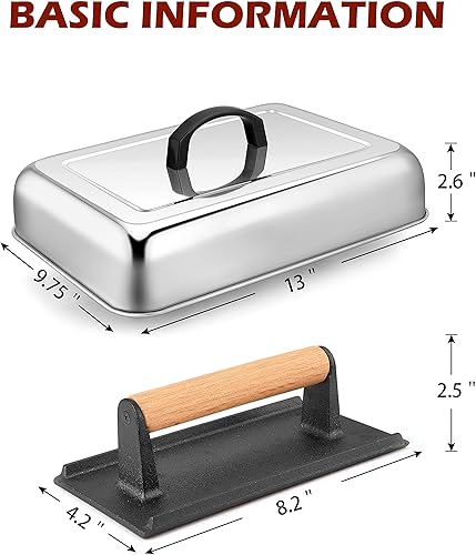 Miniatura 2 de HaSteeL Cúpula de fusión de 13 x 9.75 pulgadas y prensa de hamburguesas de 8 x 4 pulgadas, cubierta de vapor rectangular con prensa de tocino,