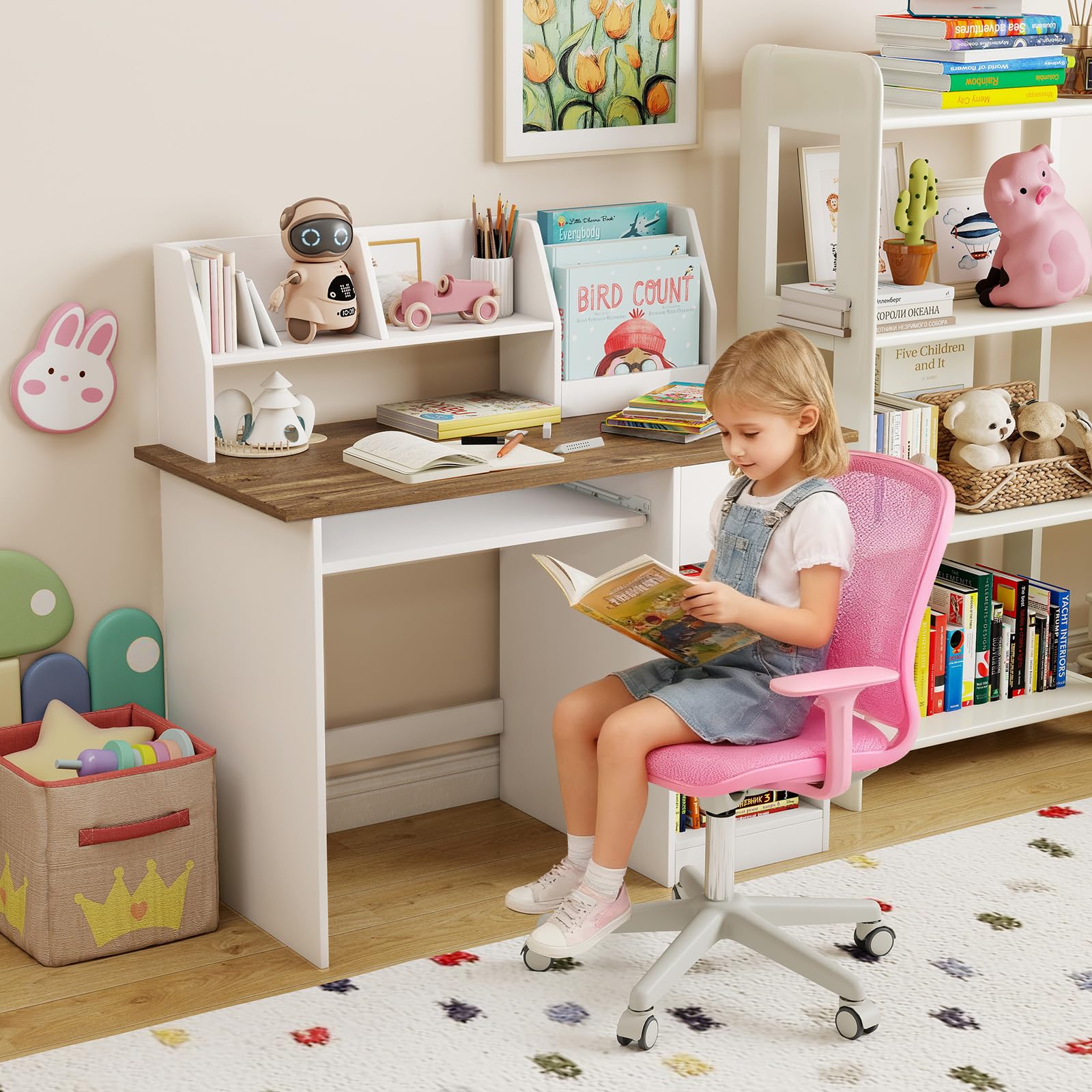 Bureau Enfant 90x45x90CM Bois avec Bibliothèque Tiroir 2 Etagères Plateau Clavier Anti-Bascule Charge 100KG Naturel