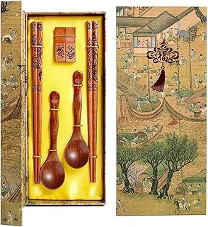 Chinese Chopsticks Reusable Wooden Chopsticks Spoon with Holder&Portable Cloth Bag, Traditional Stylish Gift Set (Dragon P...