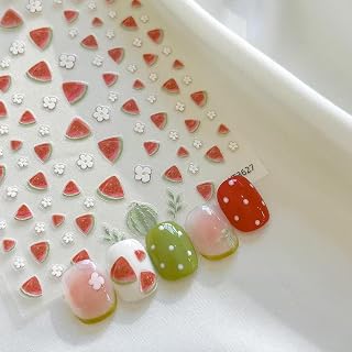 Watermelon Nail Art Stickers Summer Red Green Nail Stickers 5D Embossed Cute Manicure Decals Accessories Self Adhesive Slider for Women DIY Nails Art Decorations Accessories
