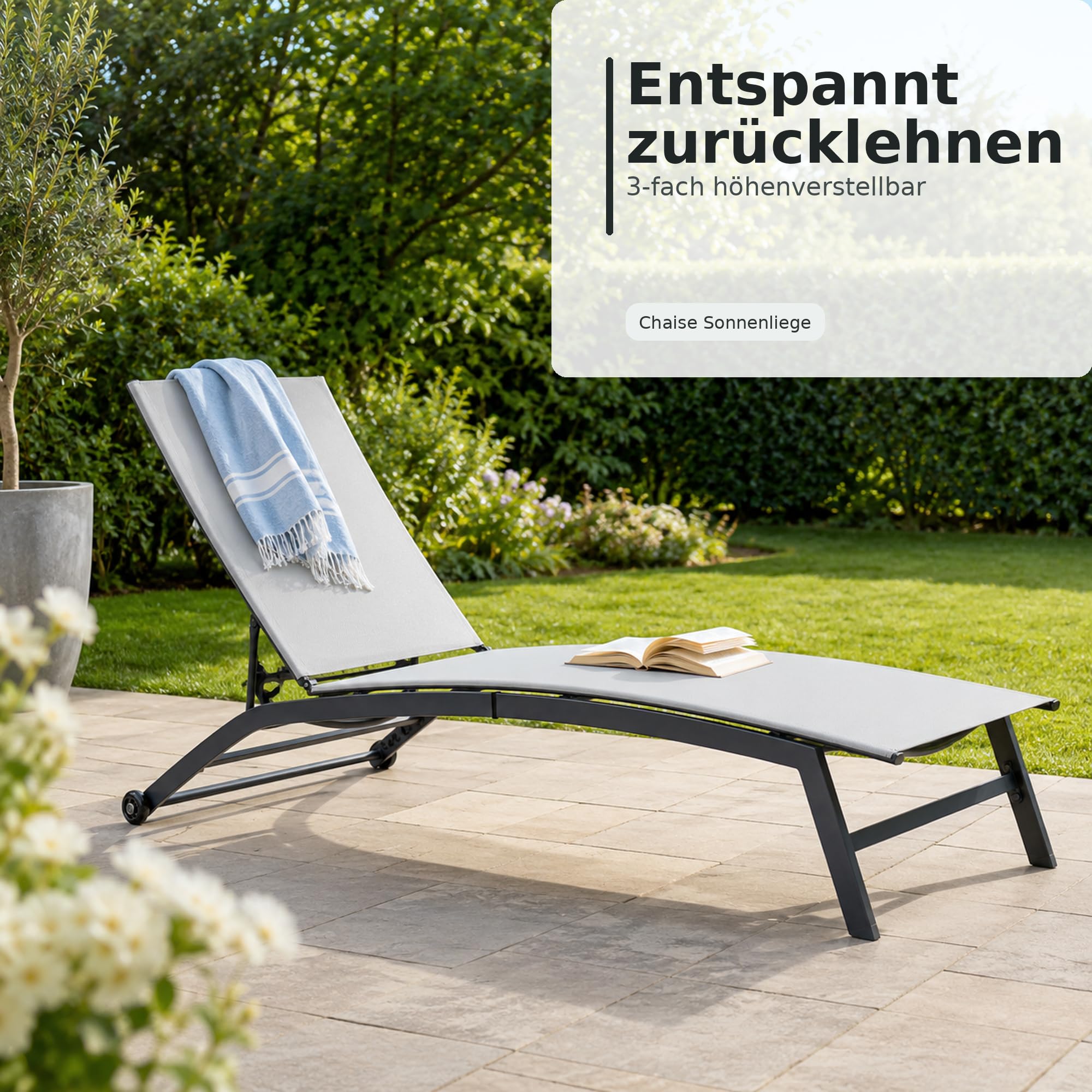 Ondis24 Sonnenliege Miami Gartenliege mit Rollen Relaxliege aus Stahl anthrazit hellgrau für Garten, Balkon, Terrasse