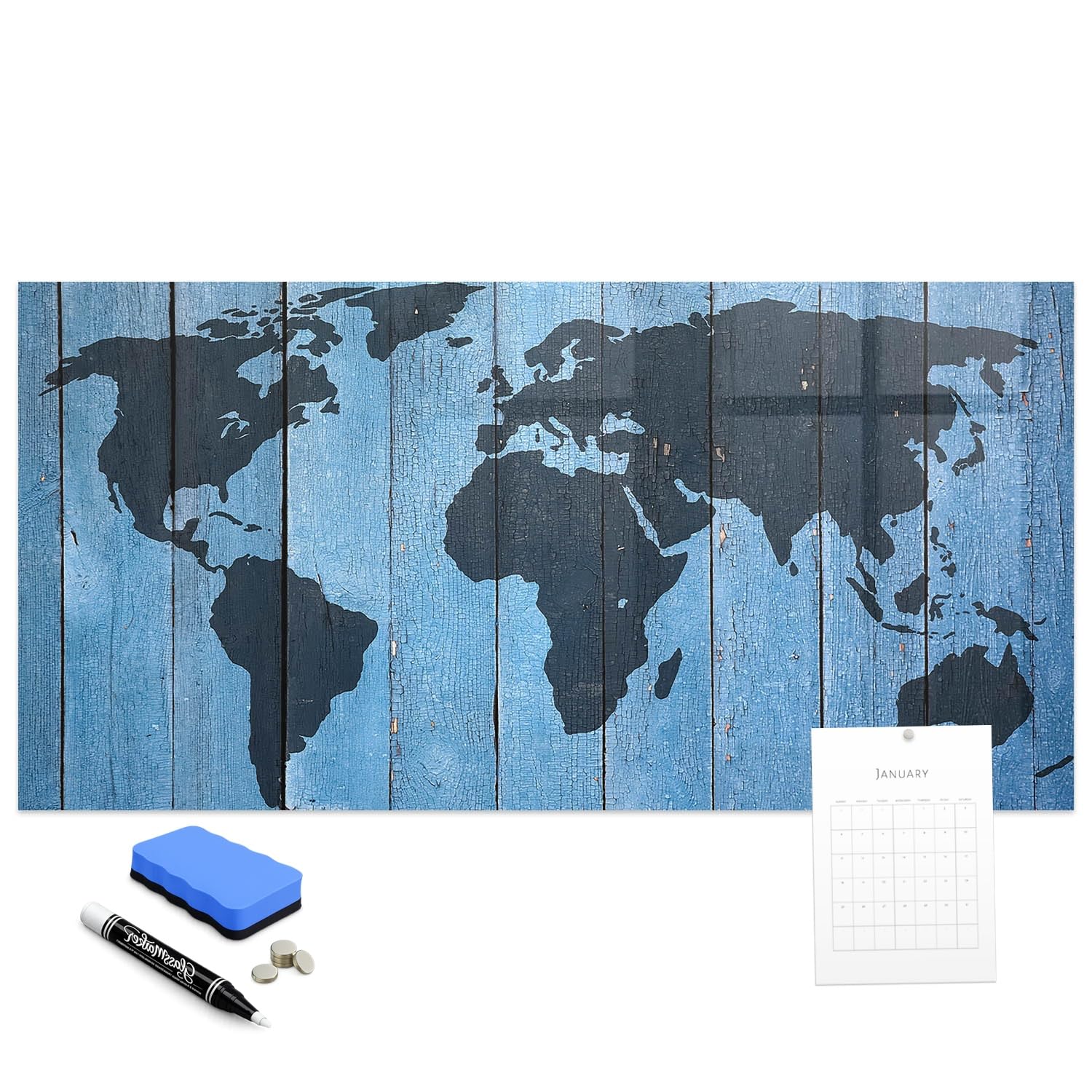 Praktisches Glas-Memoboard Set 120x60 cm Weltkarten-Tafeln Weißer Stift