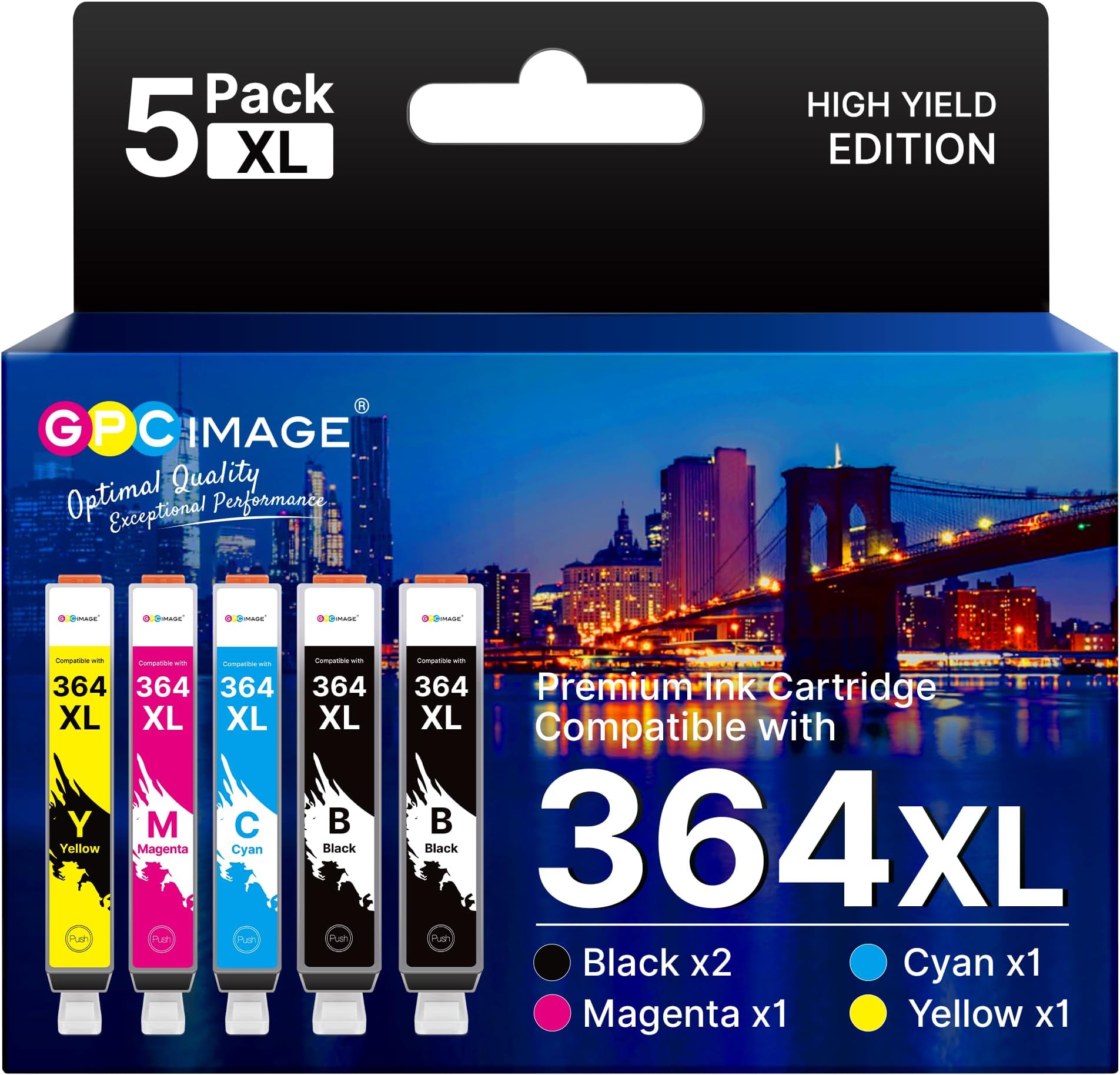 GPC Image 5-Pack 364XL Ink Cartridges Compatible for HP 364 Ink Cartridges Multipack for HP PhotoSmart 5510 5520 5522 5524 6510 6520 7510 7520 DeskJet 3070 3520 OfficeJet 4610 4620 (2BK/1C/1M/1Y)