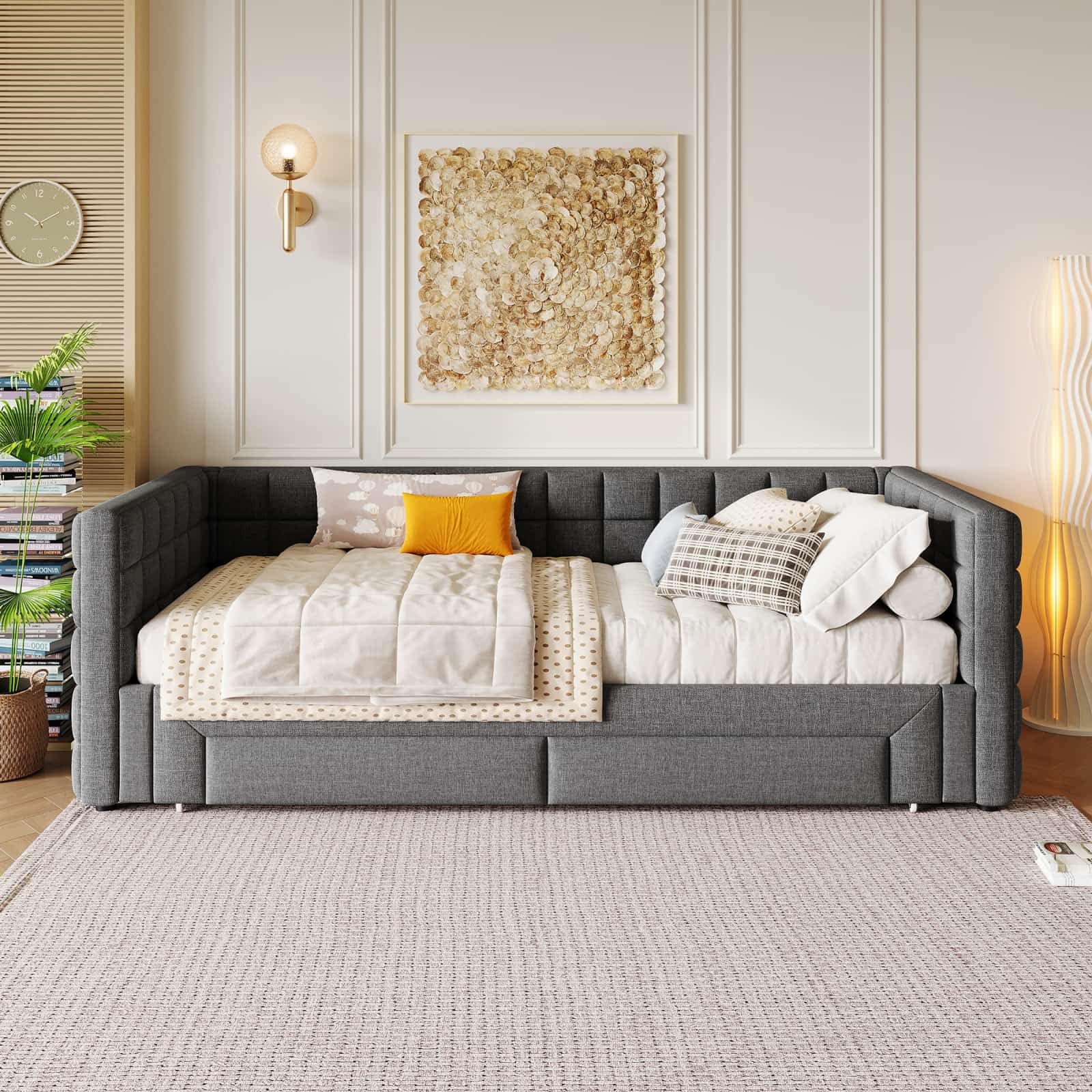 PUGSDRLY Canapé Lit Convertible 90/180x200cm avec 2 Tiroirs,canapé lit 2 Places Convertible Multifonctionnel,capitonné,sommier à Lattes,Tissu Velours,sans Matelas (Gris-B)