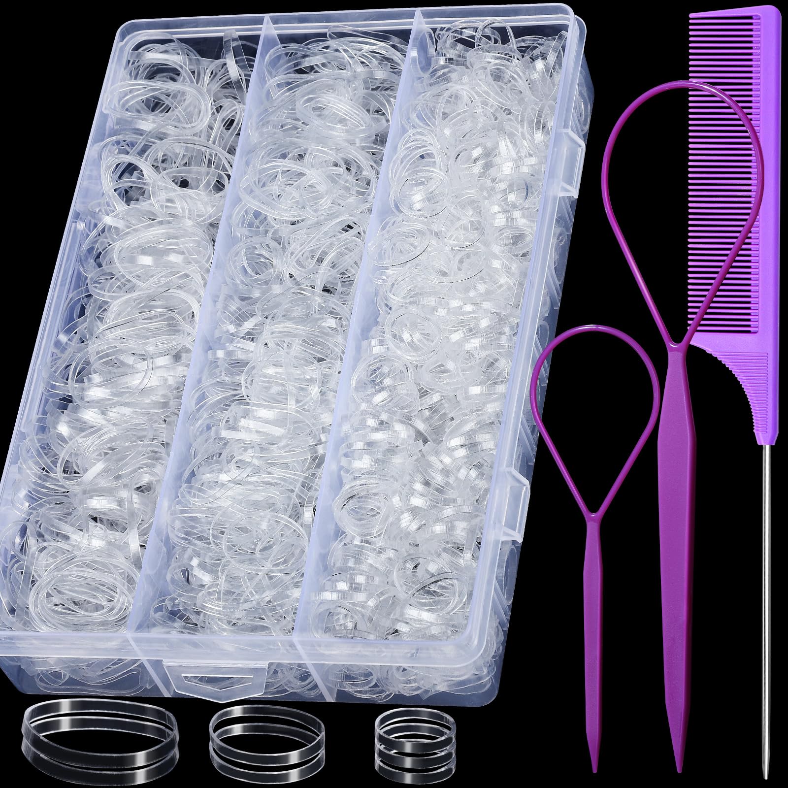 YGDZ Clear Elastics Hair Ties, 2000 PCS Transparent Rubber Bands for Hair, Hair Accessories for Girls, Women, Kids, Toddlers, 3 Sizes, Includes 2 Hair Tools and 1 Rat Tail Comb