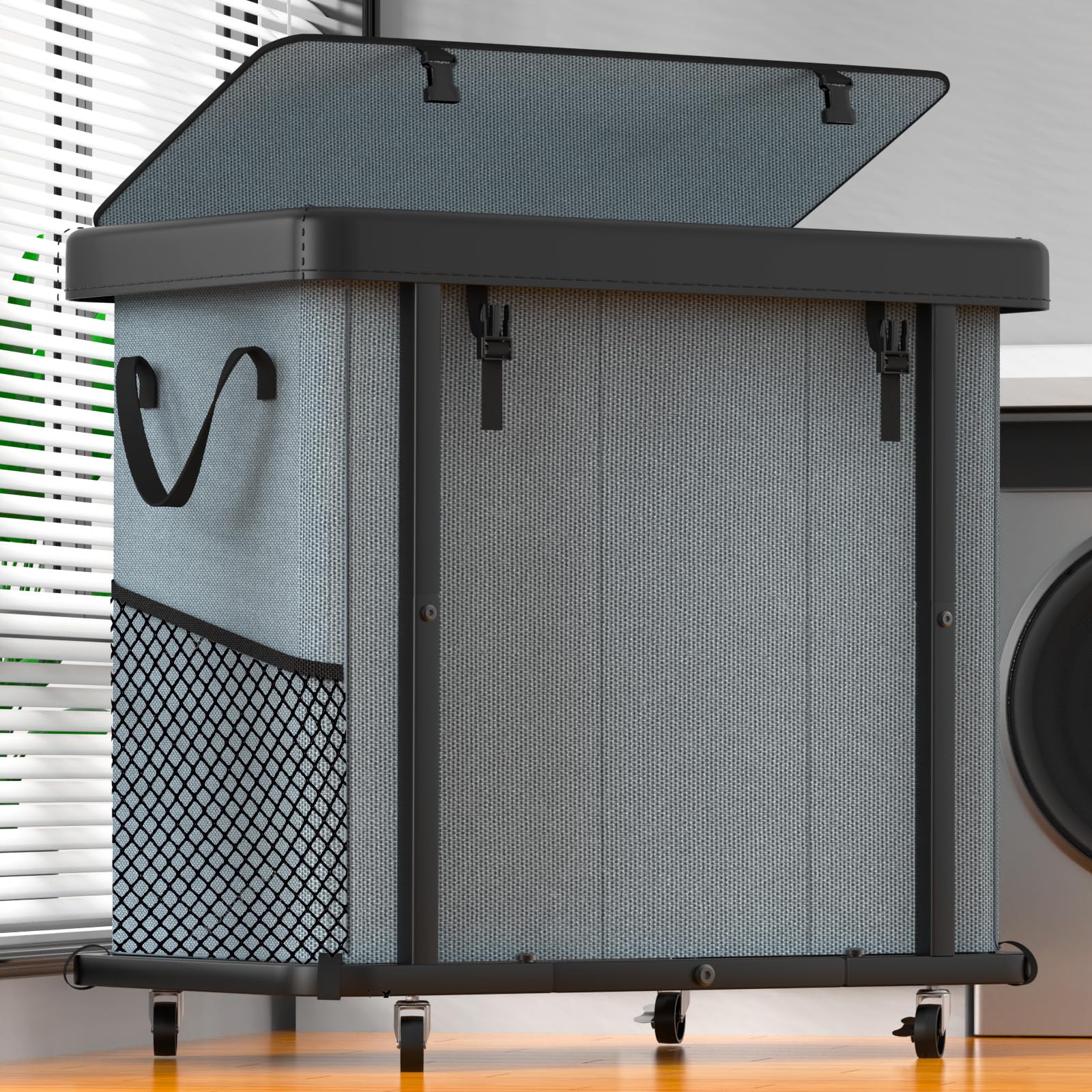230L (60 Gal) Large Fashion Laundry Basket with Wheels, Leather Patchwork Laundry Sorter 3 Section, Sturdy Metal Frame, Removable Washable Bag, Tall Clothes Sorter for Bedroom - Gray