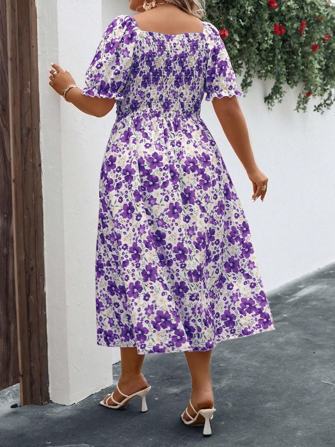 Floerns Women's Plus Size Floral Print Tie Front Square Neck Slit Hem Midi Dress - Image 2