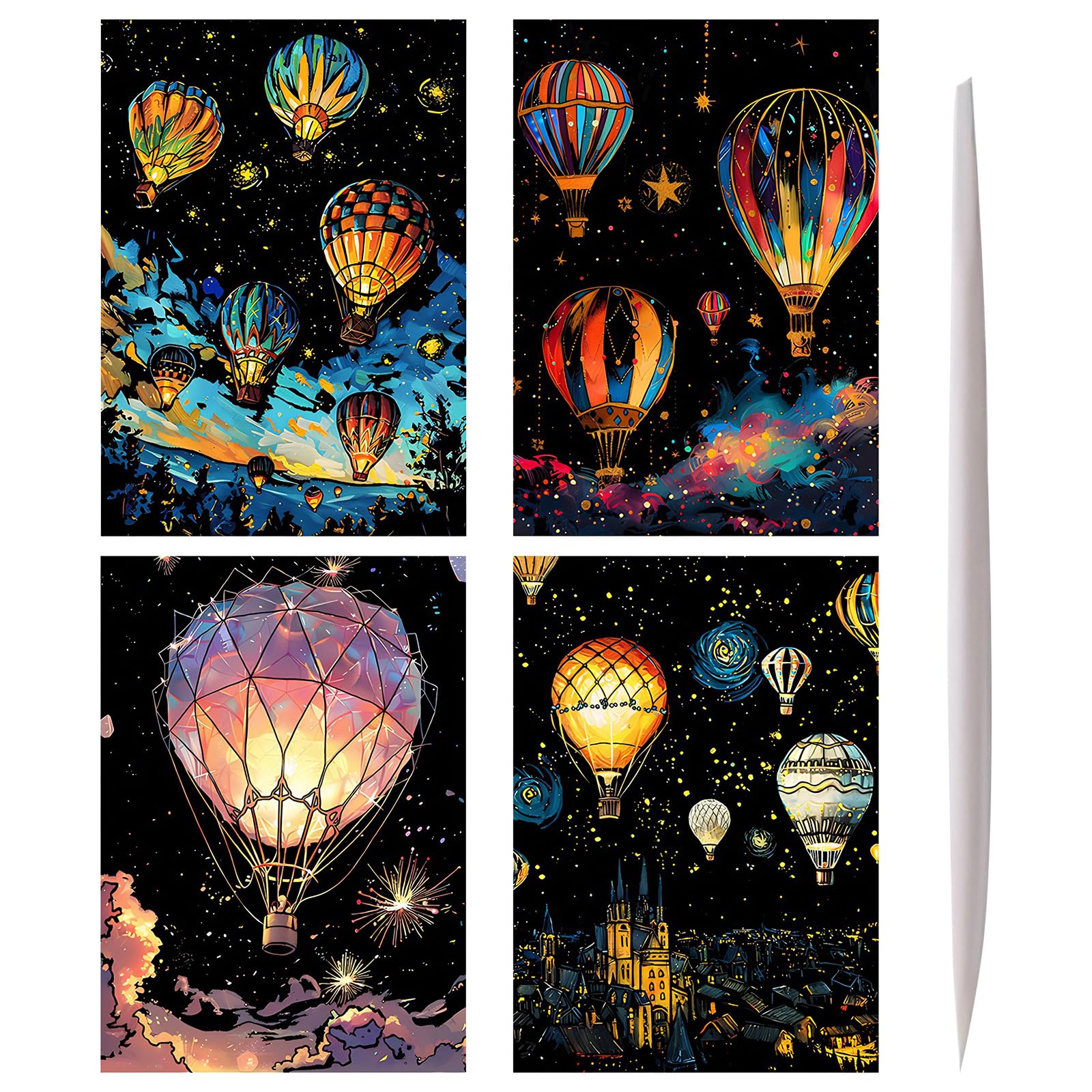 Scratch Art for Kids and Adults, 4 Pcs A5 Rainbow Scratch Paper with Stylus, Hot Air Balloon Design DIY Scratch Art Kit, Creative Craft Set for Party, Travel & Family Time