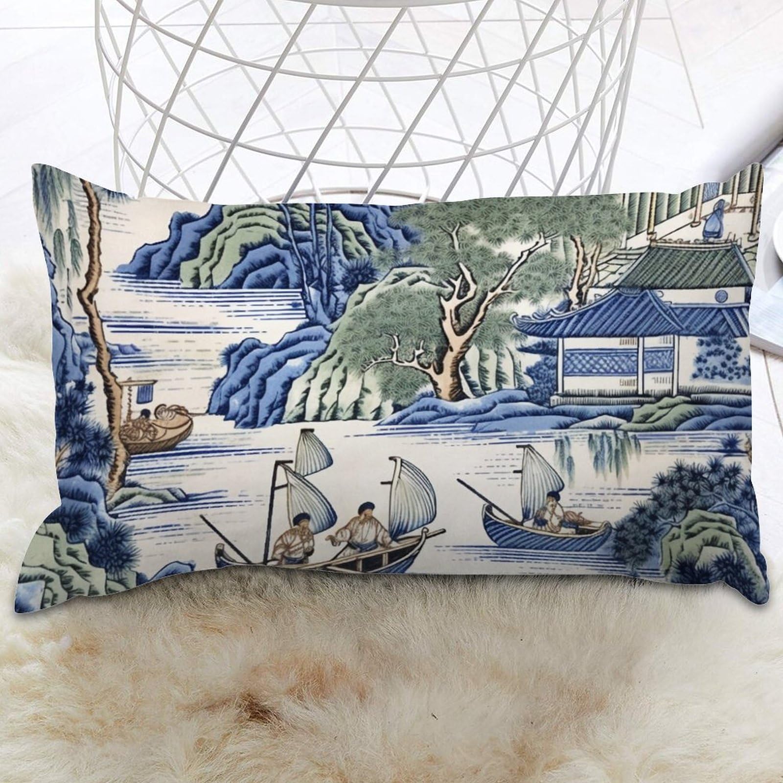 Lumbar Throw Pillow Cover Asian Scenic Pillowcase Blue And Kelly Green Chinoiserie Cushion Cases Rustic Decorative Cushion Cases Home Decor For Farmhouse Decor Home Car Couch 16x24 IN